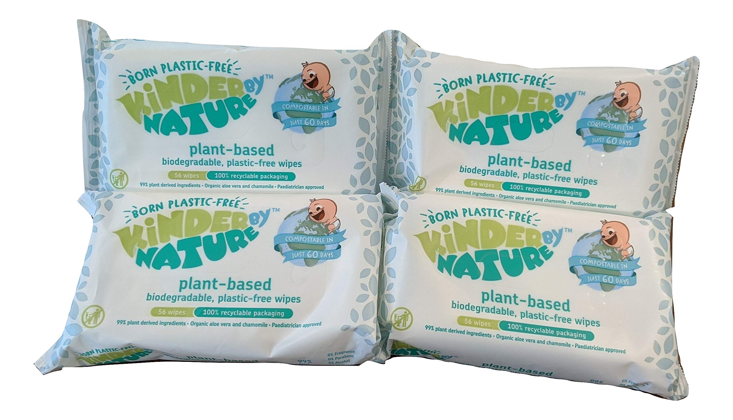 Kinder by Nature Plant Based Baby Wipes - 100% Biodegradable & Compostable, 224 Count (4 Packs of 56) - 99% Plant-Based Ingredients, 0% Plastic - Gentle for Newborns, Perfect for Diaper Changes & On-the-Go Cleaning
