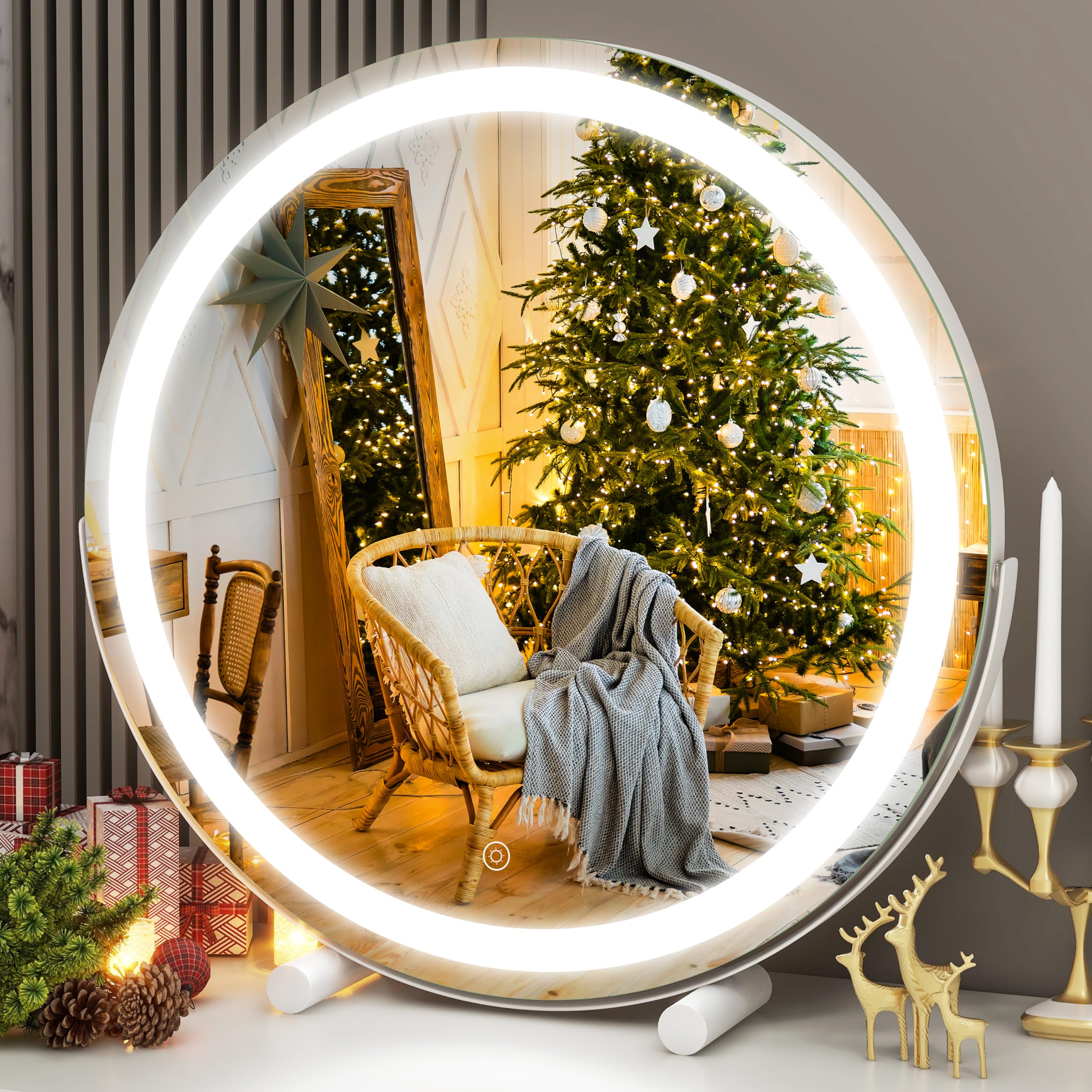 FENNIO 18 Inch Large LED Vanity Mirror with Touch Screen - 3 Color Dimmable Lighting, Round Lighted Makeup Mirror for Vanity Desk, Bedroom, Dressing Room & Professional Makeup Application