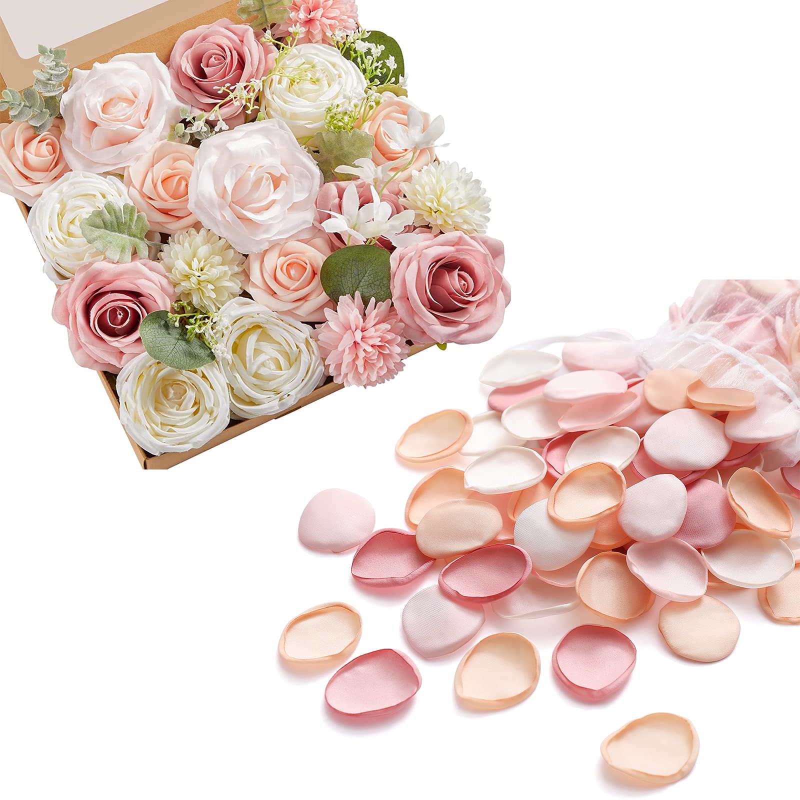 Serwalin Artificial Silk Wedding Bouquets & 300Pcs Rose Petals - Rose Gold Pink Bridal Flowers for Wedding Decorations, Aisle Scattering, Table Centerpieces & Romantic Events