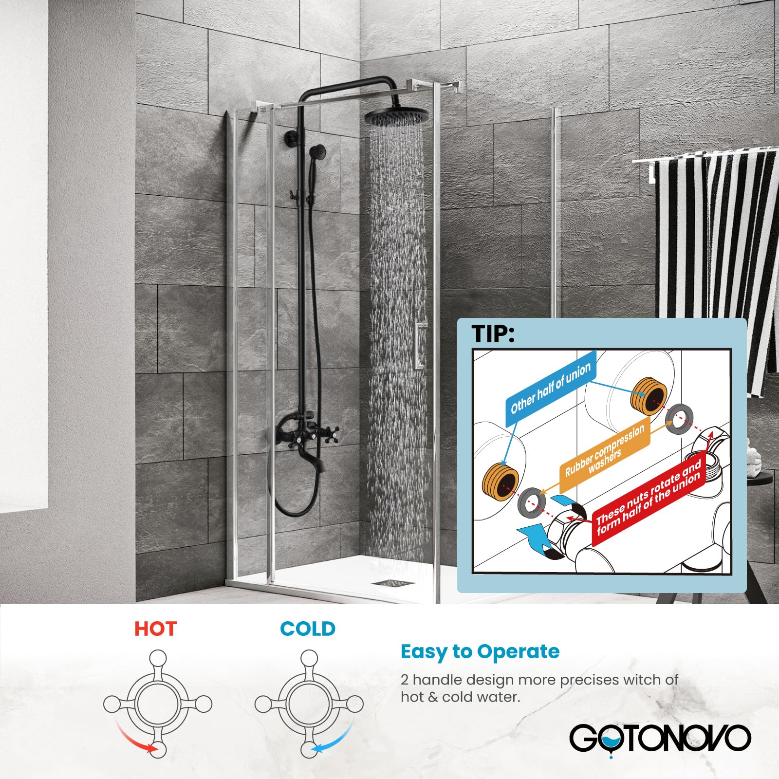 Gotonovo Matte Black Wall Mounted Outdoor Shower System - 8 Inch Rainfall Shower Head with Adjustable Handheld Sprayer & Tub Spout, Double Cross Handles for Bathroom & Garden Use