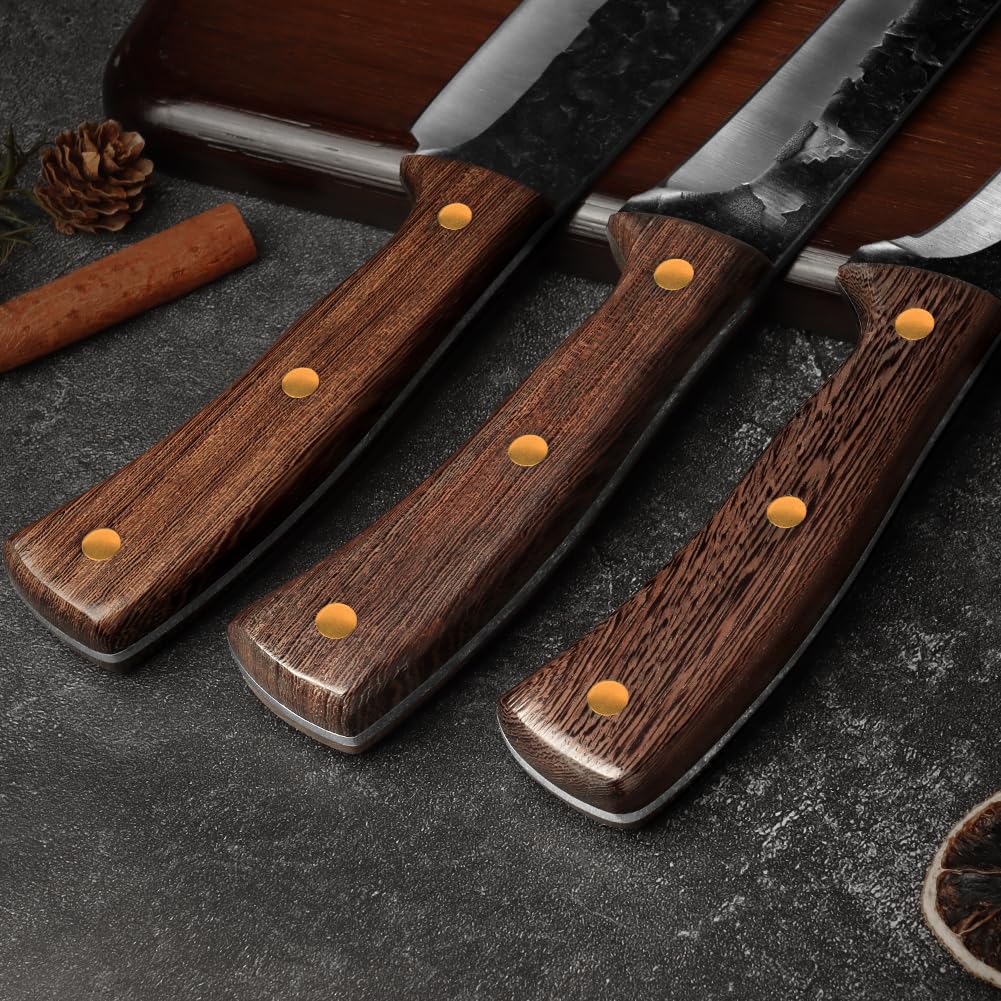 **UniqueFire 3-Piece Professional Chef Knife Set - High Carbon Steel Hand-Forged Kitchen Knives with Ergonomic Wood Handle - Sharp Butcher & Meat Cleaver Knives for Home & Restaurant - Perfect for Cooking, Slicing, and Meat Preparation**