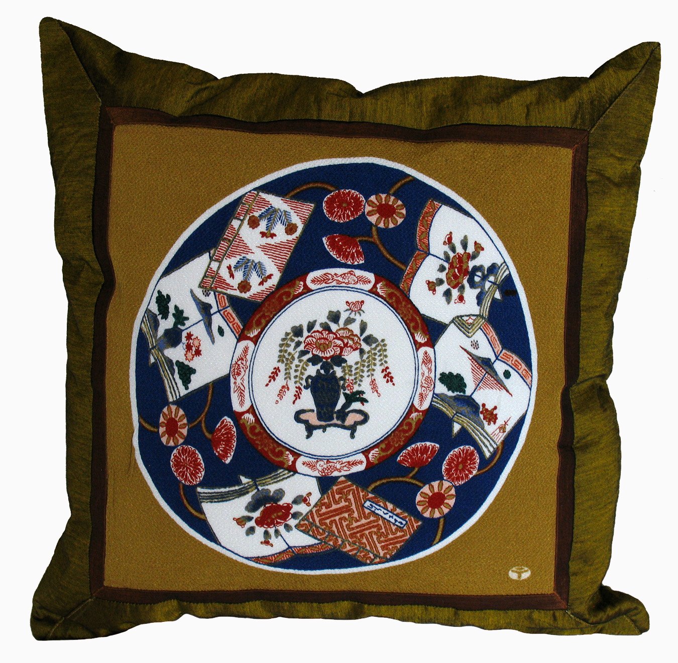 Japanese Imari Plate Pattern Throw Pillow - Gold and Brown Decorative Pillow Cover for Sofa, Bed, Couch - Vintage Asian Home Decor Accent