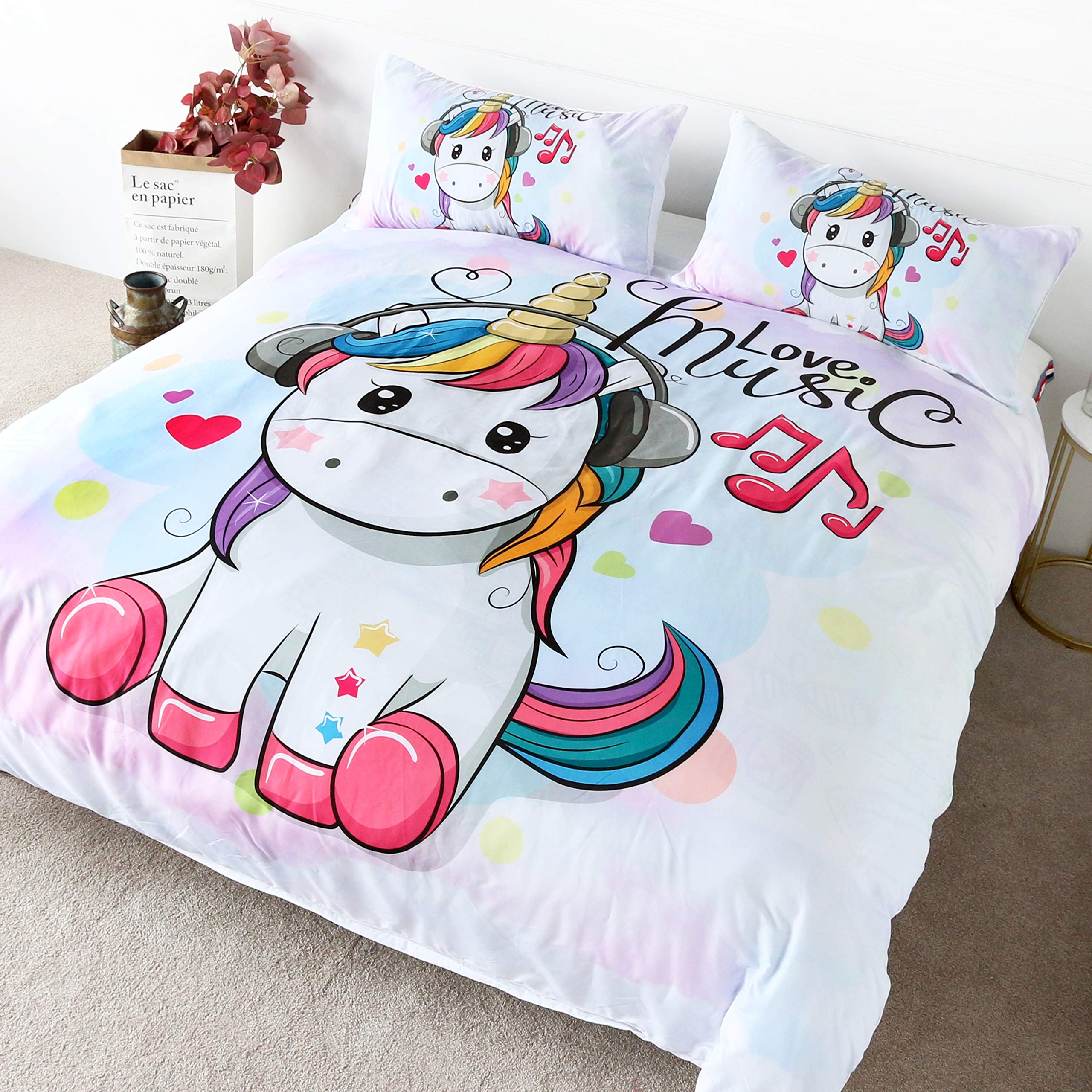 BlessLiving Unicorn Duvet Cover Set - King Size 3-Piece Bedding with Headphones Design for Kids & Adults | Perfect Gift for Unicorn Lovers | Soft & Comfortable for Bedroom Decor, Sleepovers, and Themed Rooms