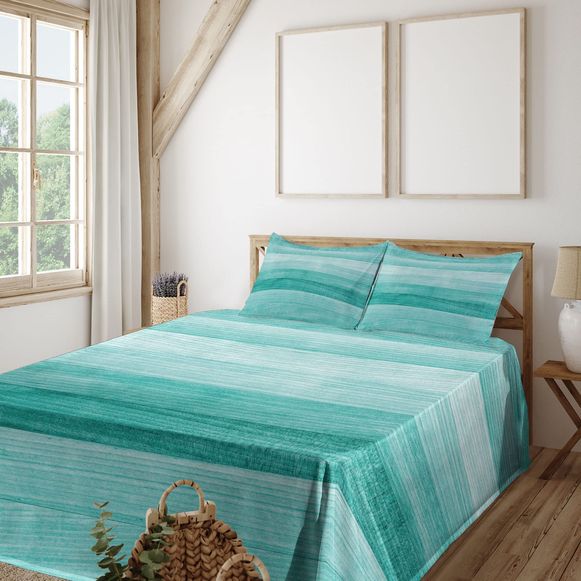 Ambesonne 4-Piece Teal Sheet Set with Painted Wood Board Print - Fitted Sheet, Flat Sheet & 2 Pillowcases - Turquoise Bedding for Easter, Holidays & Birthday Decor - Perfect for Guest Rooms, Dorms & Cozy Bedroom Makeovers