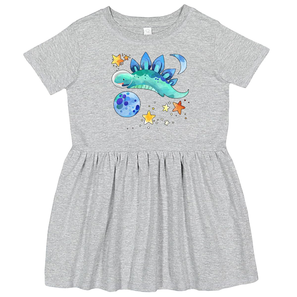 Inktastic Stegosaurus Space Dinosaur with Stars and Planet Print Toddler Dress - Cute Dino Outfit for Girls, Birthday Gift, Playdate & Preschool Fashion