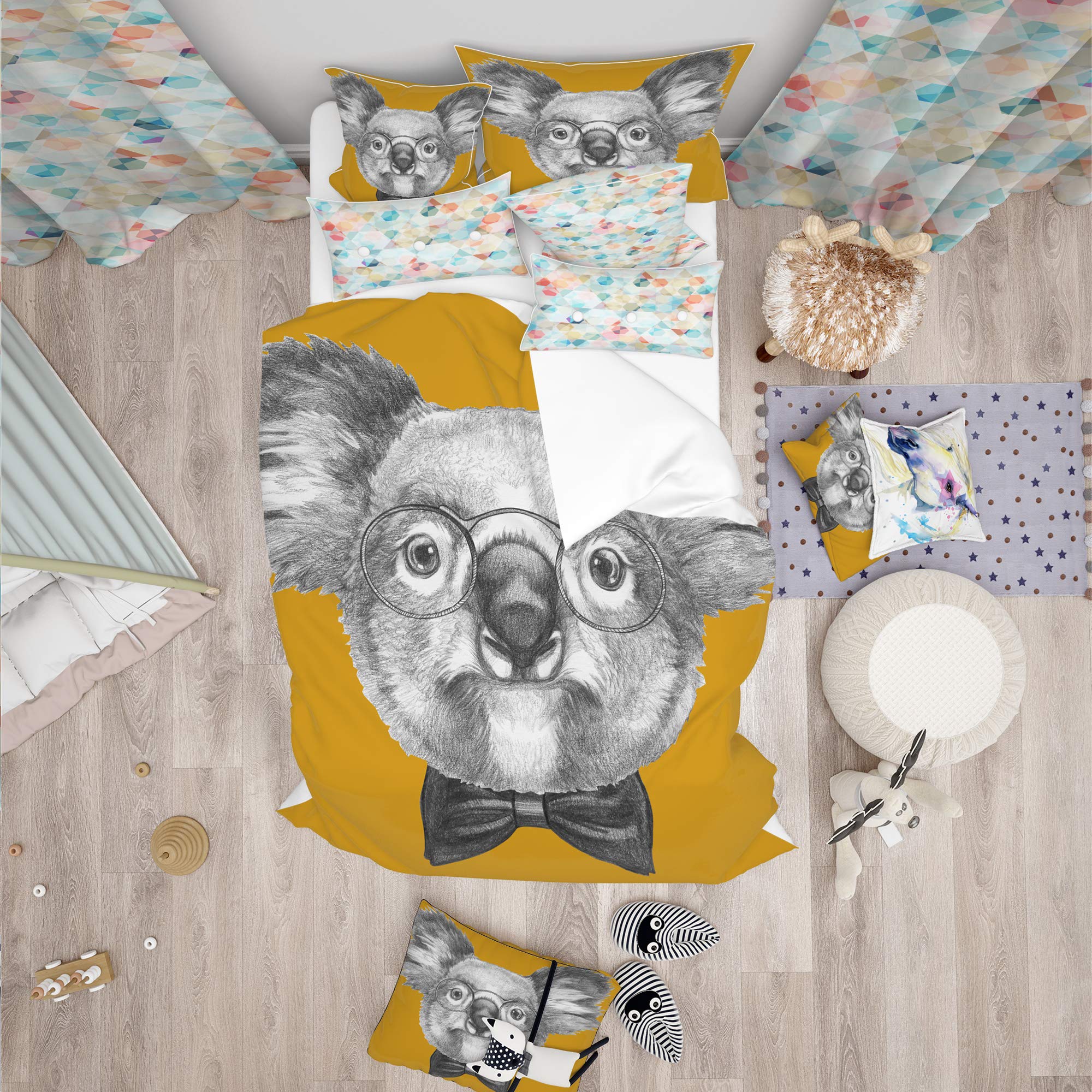 DesignQ Koala with Glasses & Bow Tie Duvet Cover Set - Grey 3-Piece Queen Size Animal Print Bedding | All-Season Comfort for Kids Rooms, Guest Bedrooms & Cozy Home Decor