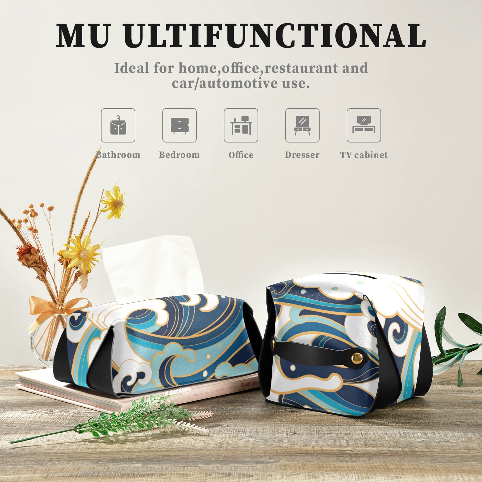 Japanese Traditional Blue White Wave Pattern Leather Tissue Box Cover - 5.7x5.7x5.7 Inch Rectangular Design with Handle for Bathroom, Home, Office & Car | Perfect for Nightstands, Vanity Countertops and Desk Decor