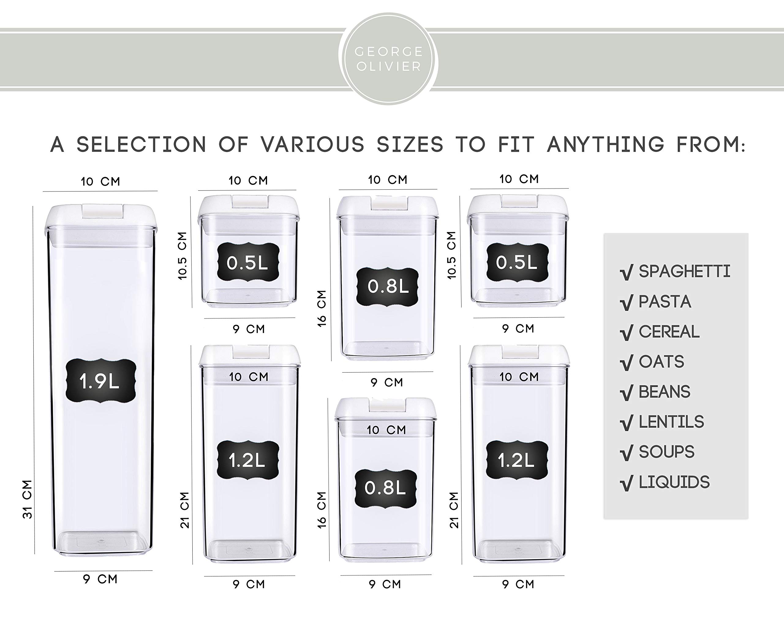 George Olivier 7-Piece Airtight Food Storage Containers Set with 8 Chalkboard Labels & Marker | Perfect for Cereal, Flour, Rice, Pasta & Dry Goods | Ideal for Kitchen Pantry Organization & Meal Prep Storage