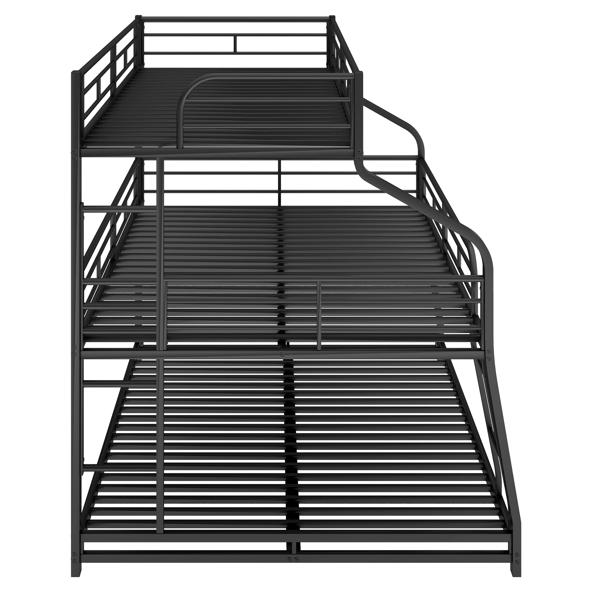 Black Triple Bunk Bed Frame for Twin XL/Full XL/Queen Size - Sturdy Metal Frame with Long & Short Ladder & Full-Length Guardrails - Perfect for Kids' Bedrooms, Dormitories & Space-Saving Home Solutions