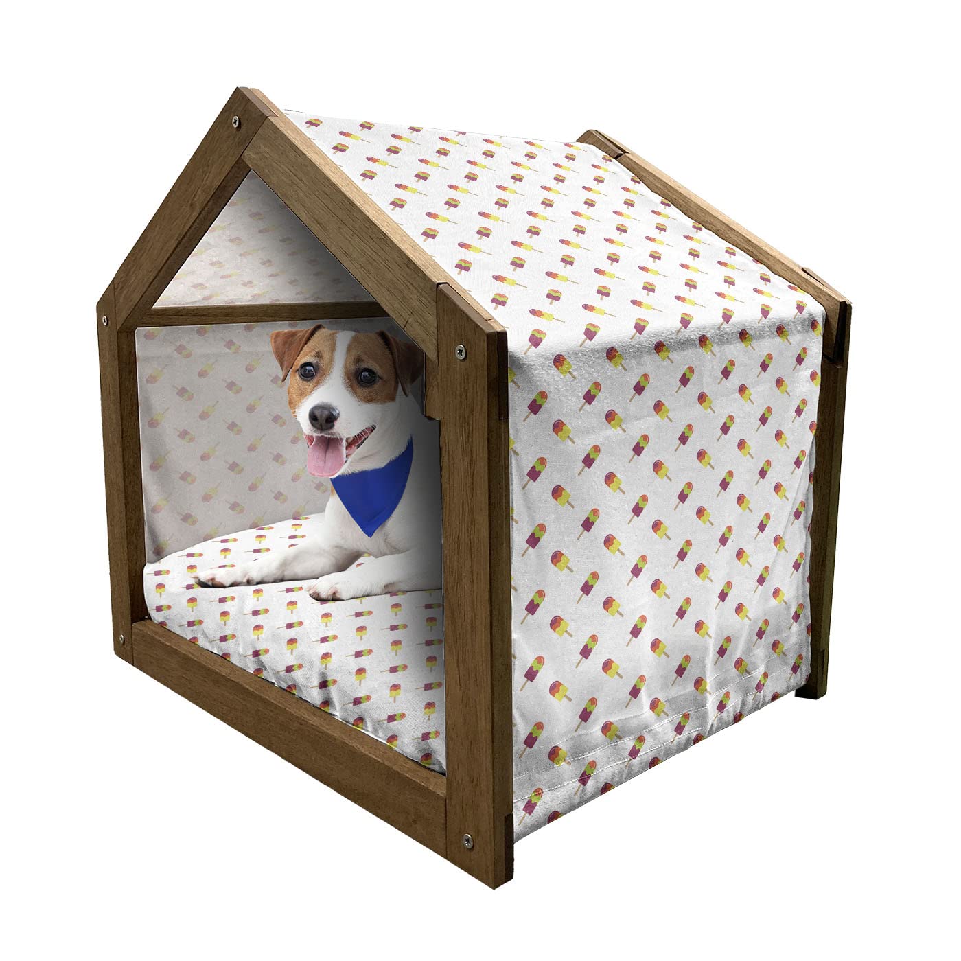 Ambesonne Colorful Ice Cream Themed Wooden Pet House - Indoor & Outdoor Portable Dog Kennel with Pillow & Cover, Medium Size, Diagonal Pattern Design - Perfect for Summer Treats & Backyard Relaxation