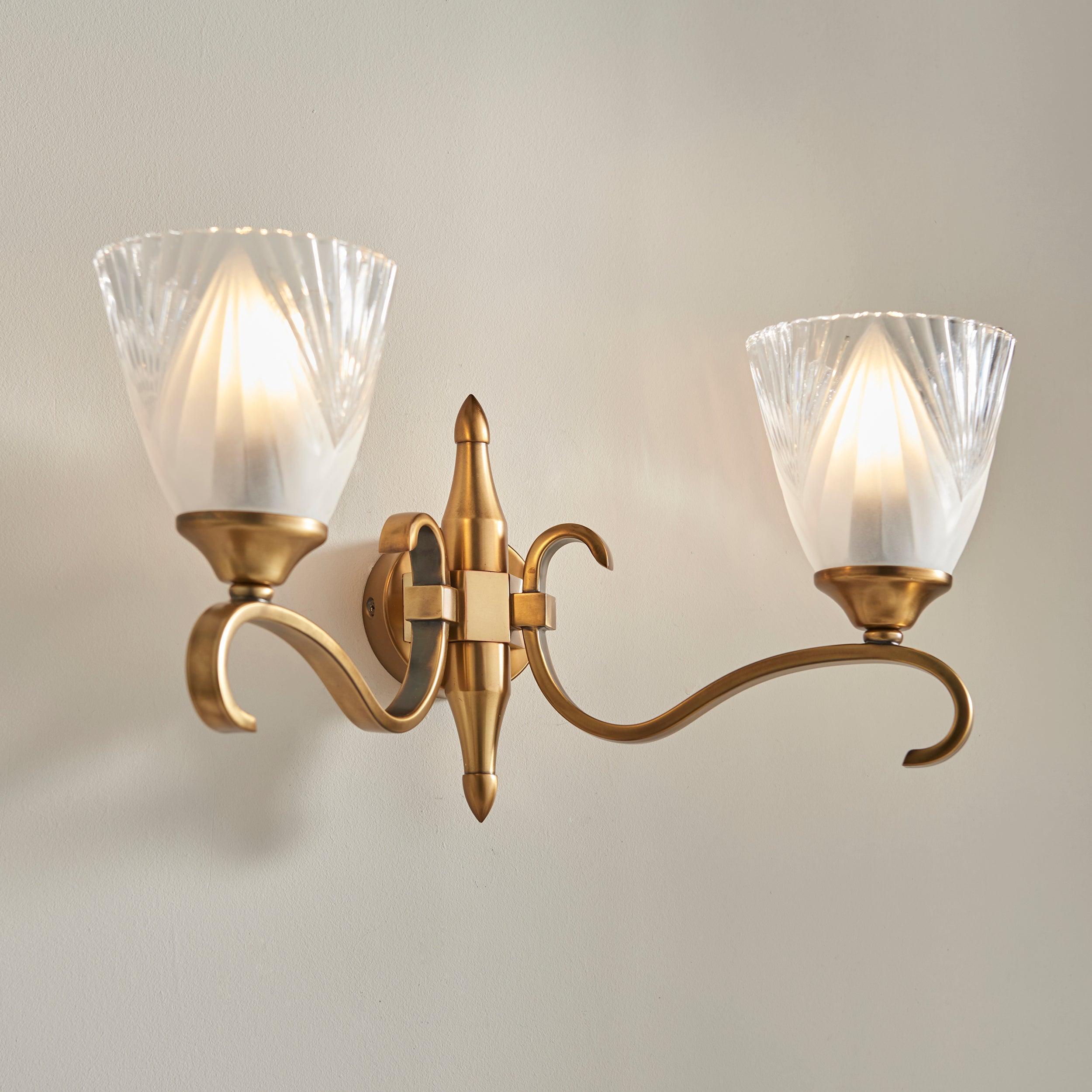 Columbia Brass Twin Wall Light with Cut Glass Shades - Vintage Style Sconce for Living Room, Bedroom, or Hallway Lighting