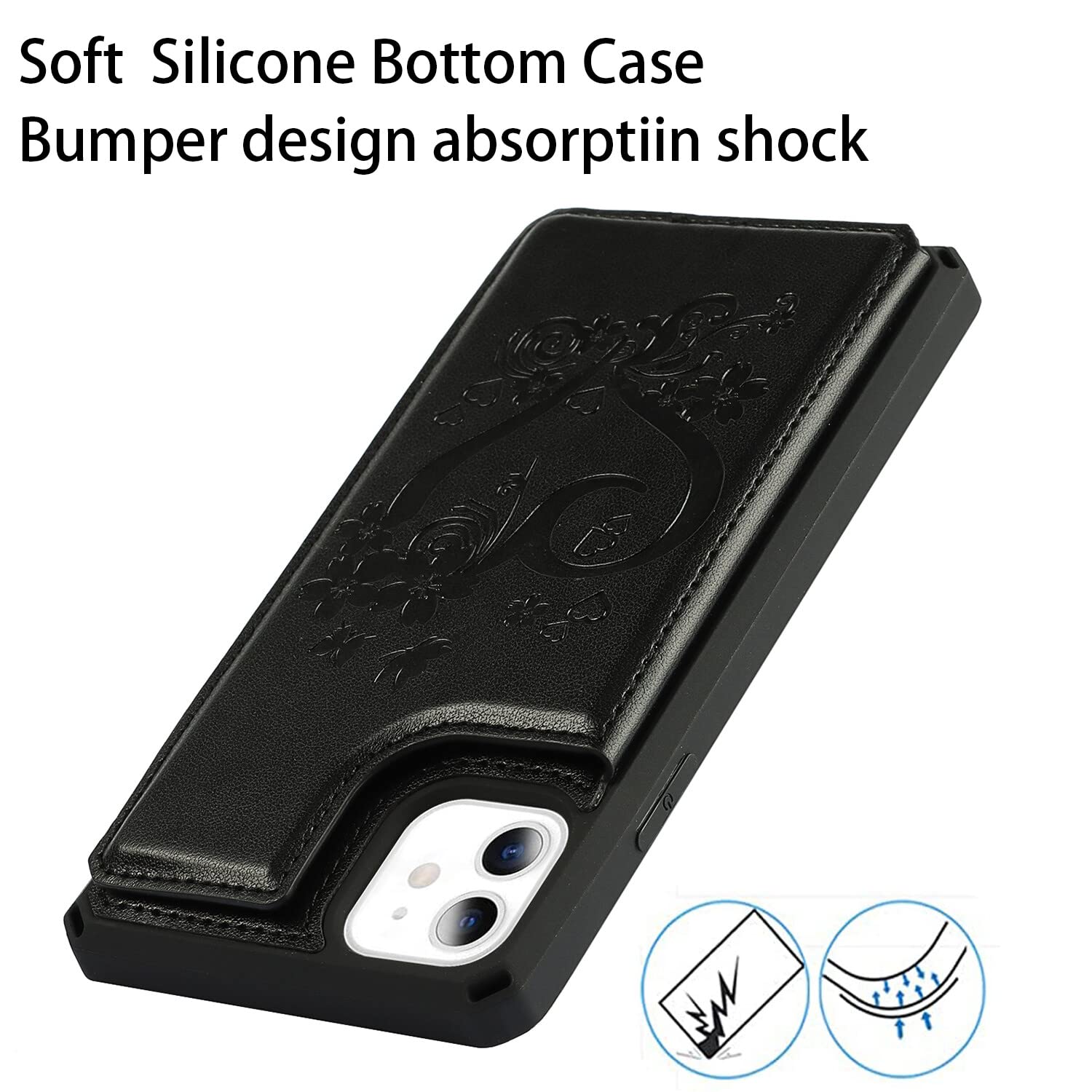 Premium Leather Wallet Case for iPhone 11 with Card Holder & Wrist Strap - Shockproof Protective Cover with Stand Feature (Heart Black) - Perfect for Daily Use, Travel, and Hands-Free Convenience