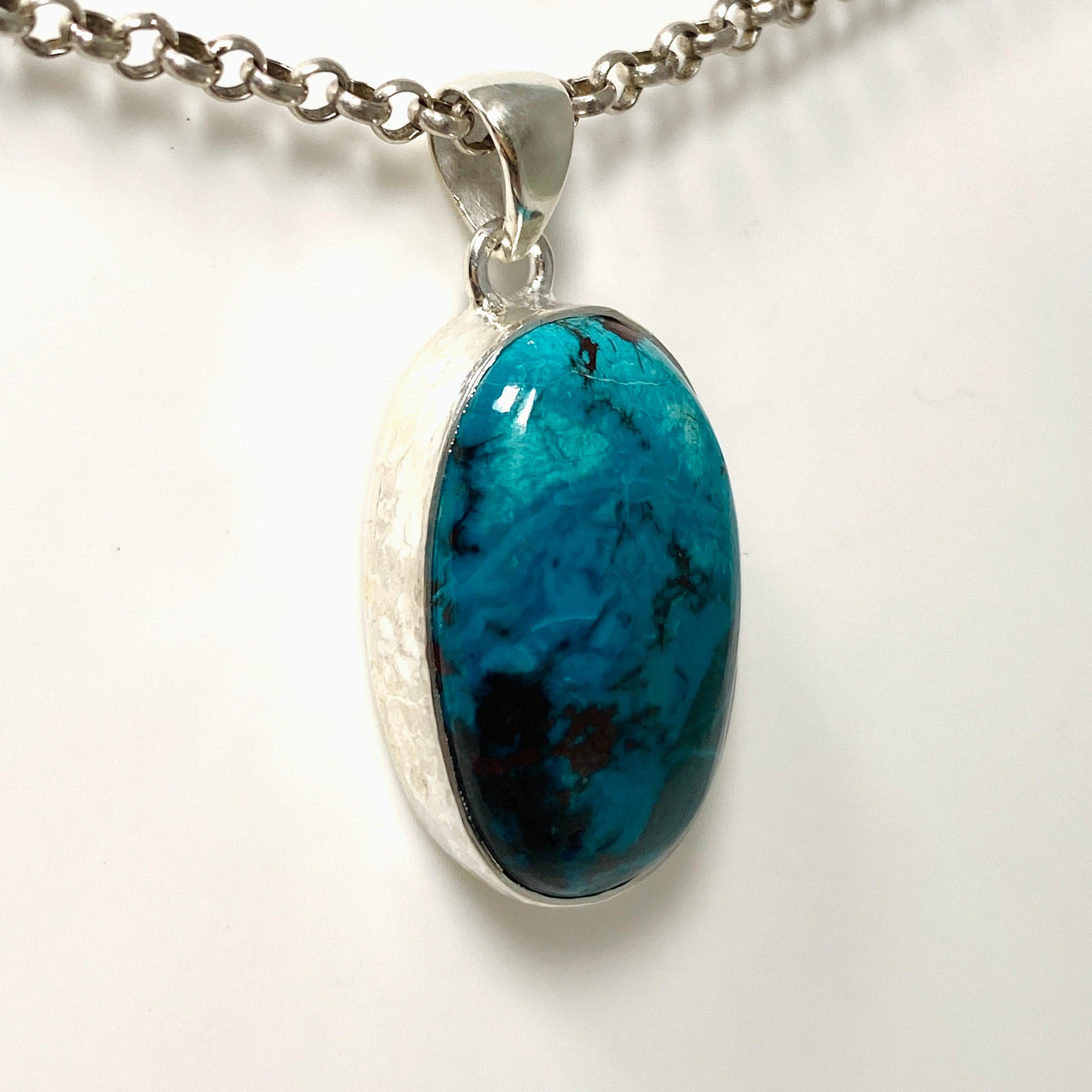 Shattuckite Oval Pendant Necklace - Handcrafted Hammered Sterling Silver Jewelry KPGJ4414 | Healing Crystal Gift for Women, Meditation & Spiritual Energy