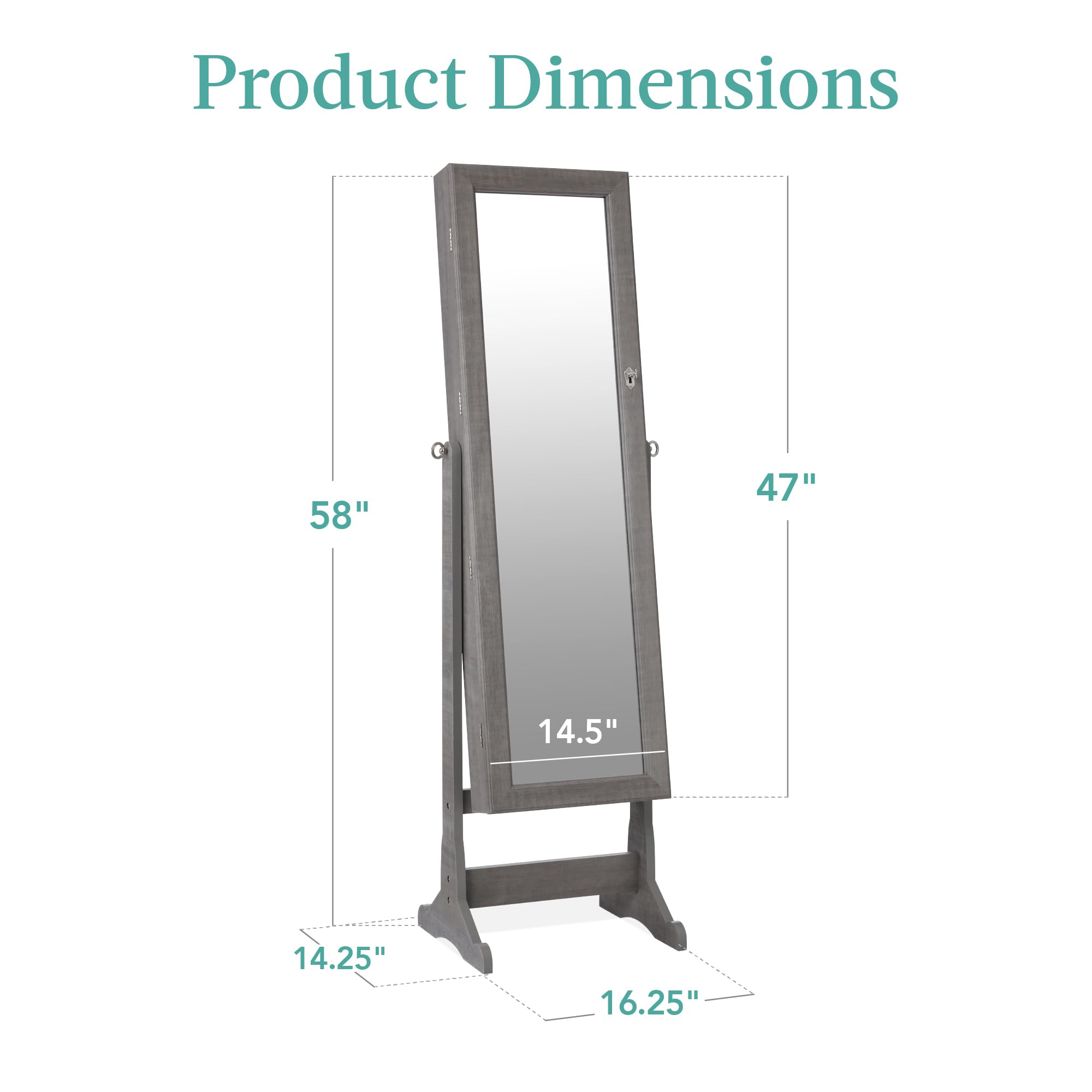 Best Freestanding Jewelry Armoire Cabinet with Full-Length Mirror - Lockable Makeup Storage Organizer with Velvet Lining, 3 Adjustable Angles, 5 Shelves & Accessory Pouch - Gray Oak - Perfect for Bedroom, Closet & Dressing Room Organization