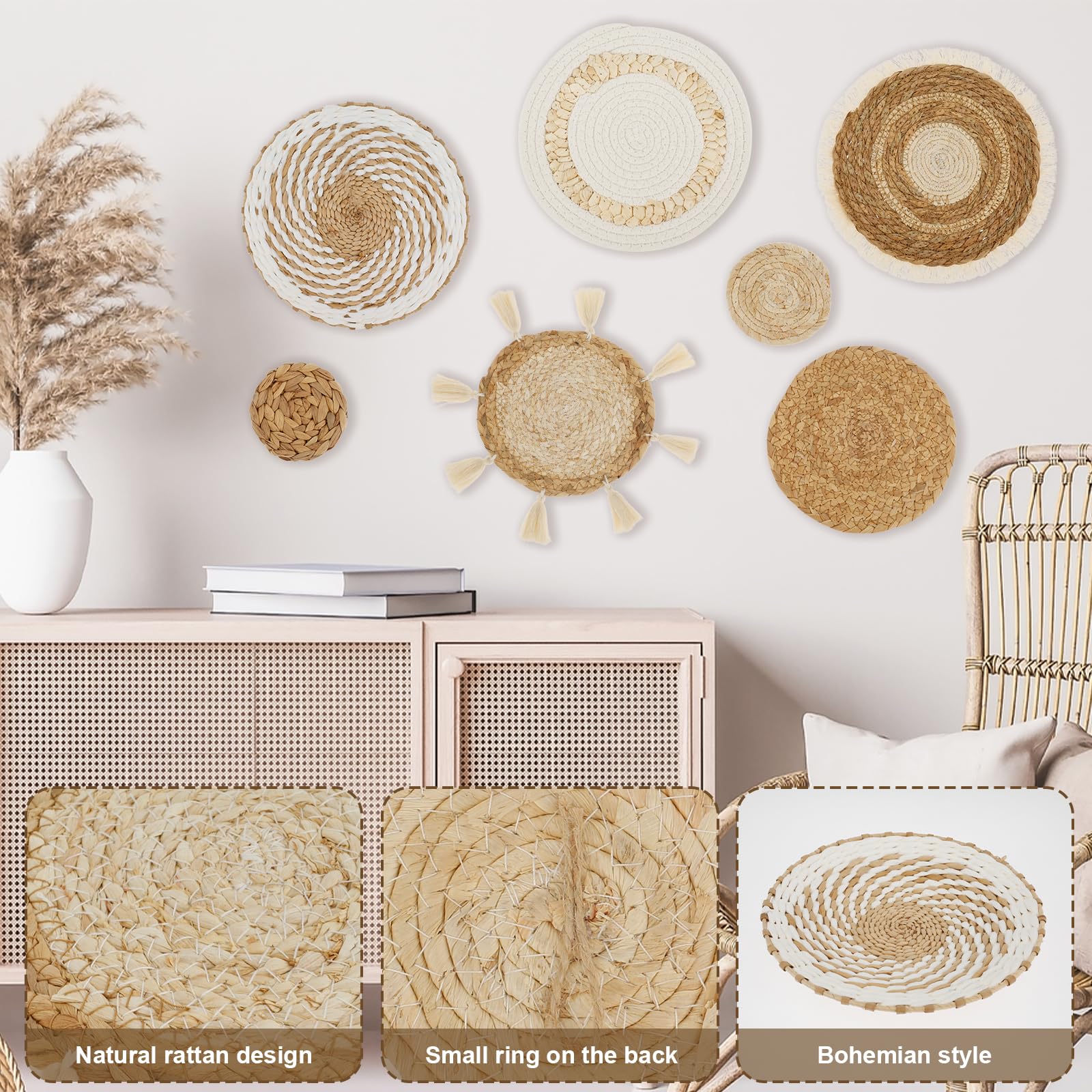 Boho Wall Basket Decor Set - 7 Pack Woven Seagrass Hanging Baskets for Home & Office Decor