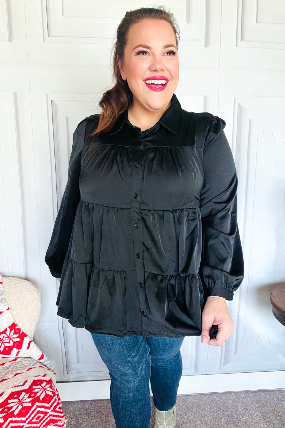Perfectly You Black Button Down Tiered Babydoll Satin Top for Women | Elegant Sleeveless Blouse for Party, Date Night & Special Occasions