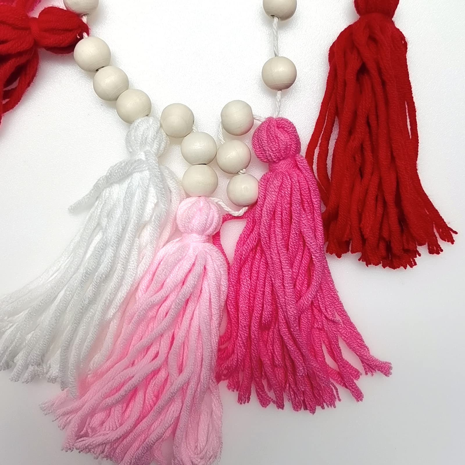 Boho Woolen Tassels Garland with Wood Beads - Pink, Red & White Nursery Decor for Girls Room, Baby Shower, Bedroom & Home Decoration | Perfect for Wall Hanging, Party Decor & Boho Chic Interior Design