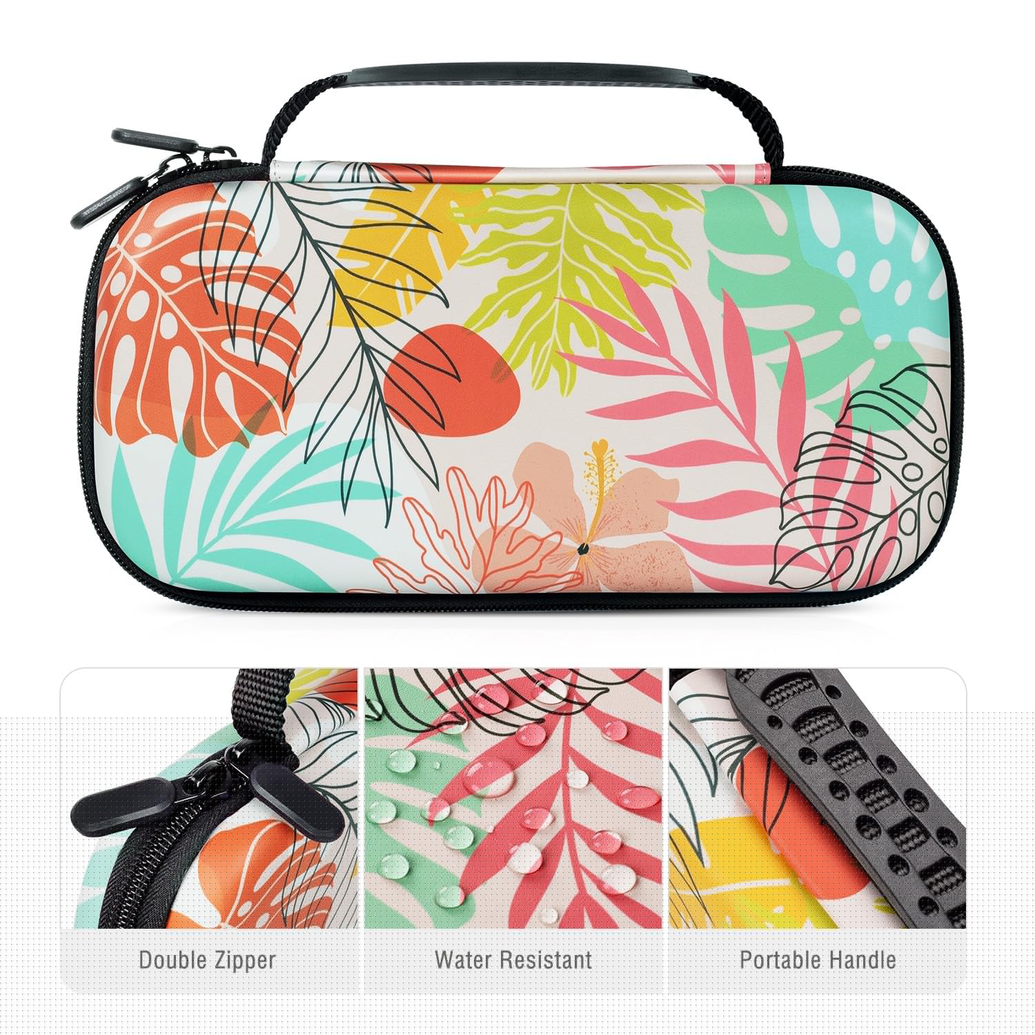 Lokigo Protective Travel Carrying Case for Nintendo Switch & Switch OLED - Durable Hard Shell Case with 16 Game Card Slots for Console & Accessories - Abstract Leaves Design - Perfect for Gaming On-The-Go, Travel & Storage
