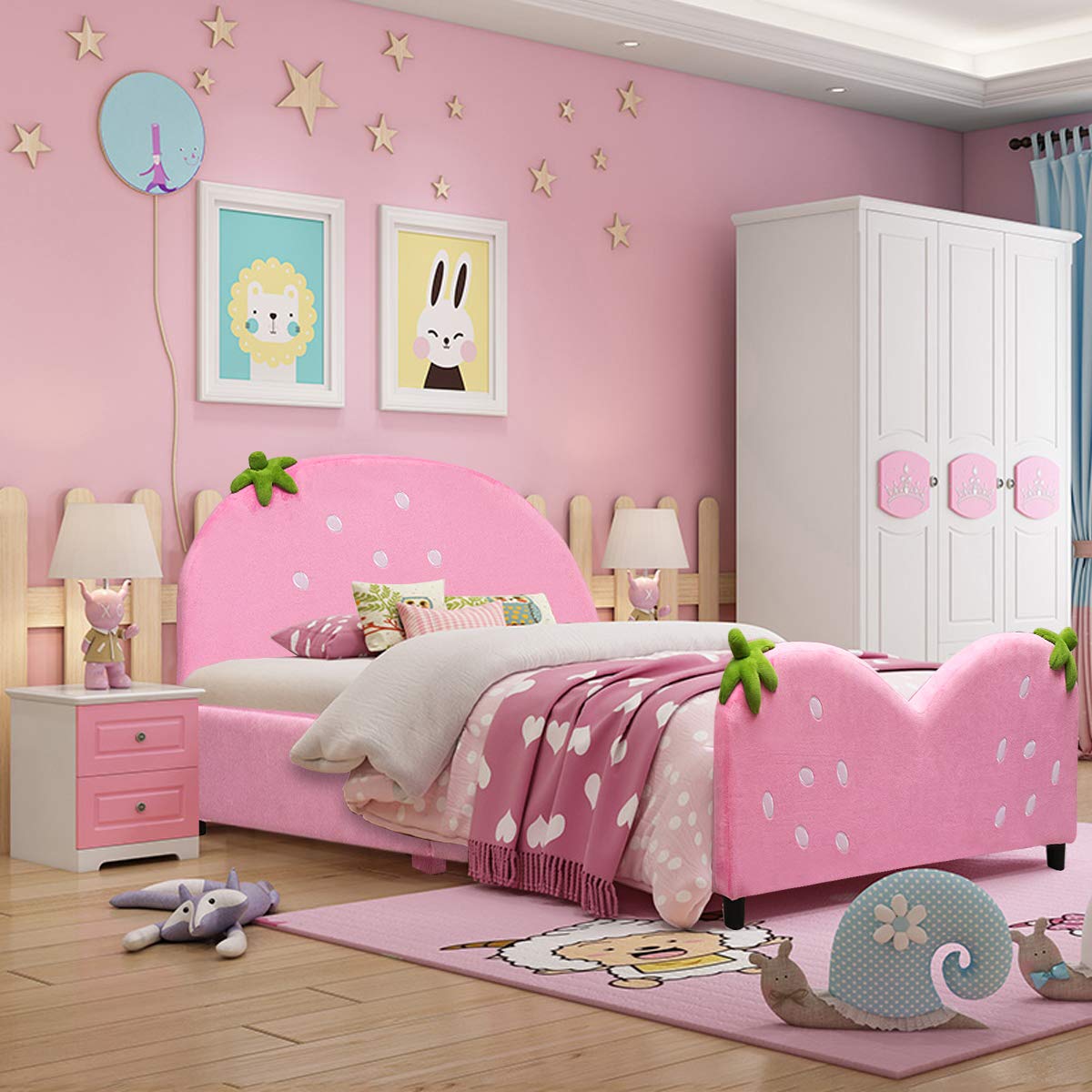 Costzon Twin Size Kids Bed Frame with Velvet Upholstery & Adjustable Feet - Wooden Children's Bed for Girls & Boys - Perfect for Small Bedrooms, Playrooms & Sleepovers