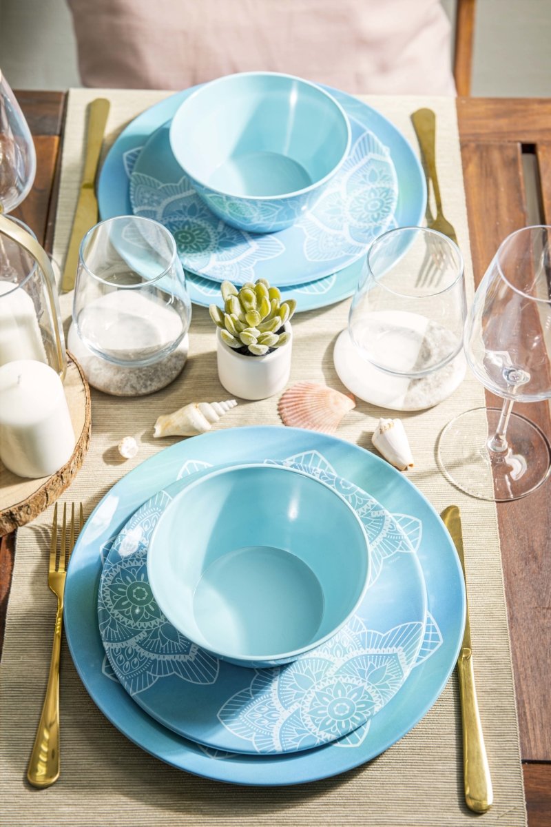 12-Piece La La Mandala Melamine Dinnerware Set - Ombre Blue Plates & Bowls for Outdoor Picnics, Parties, and Durable Everyday Use