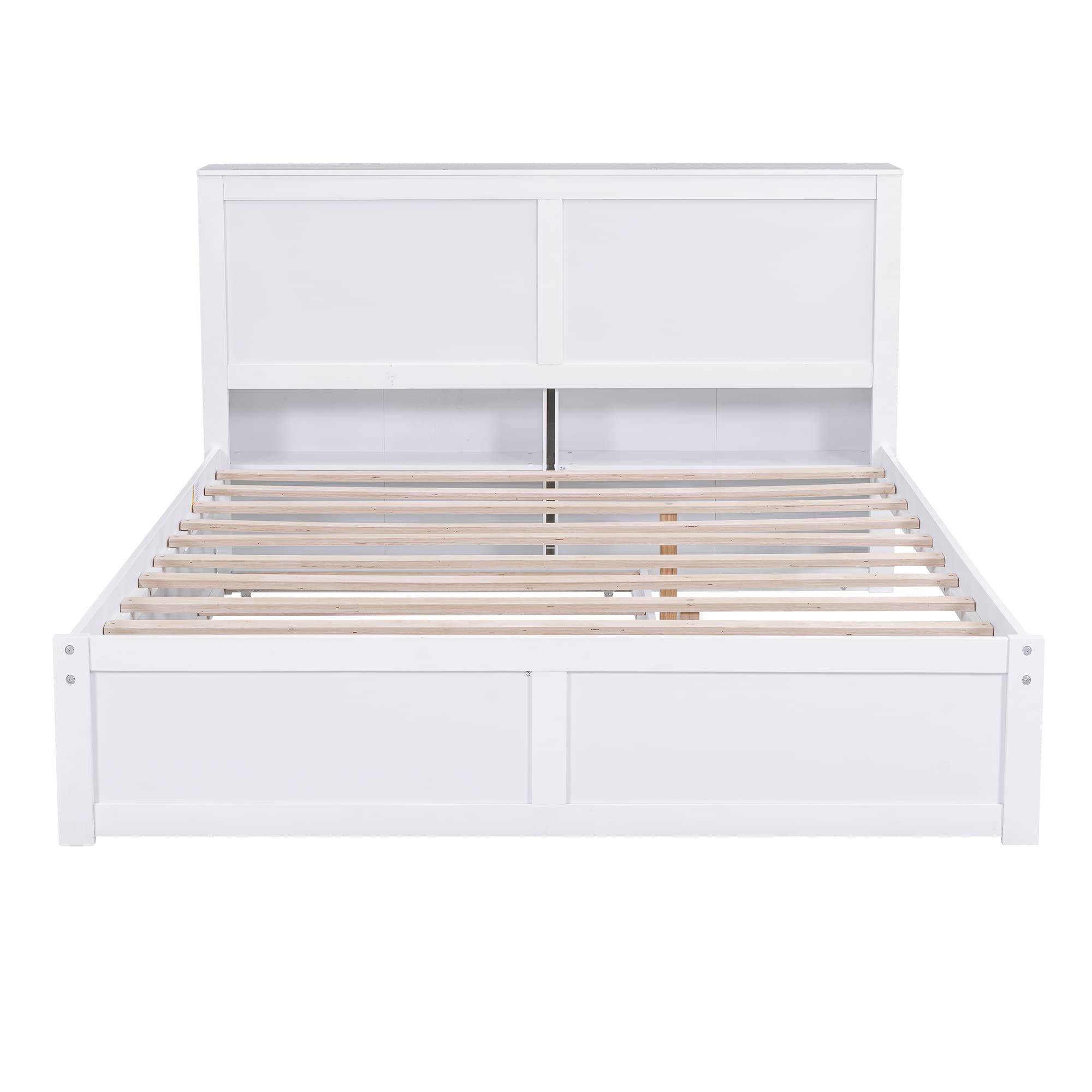 Queen Size Storage Bed with Trundle - Wooden Platform Bed Frame with Storage Shelves Headboard & Twin Trundle - White Wooden Queen Bed for Kids, Boys, Girls, Teens - Perfect for Small Bedrooms, Guest Rooms & Space-Saving Solutions