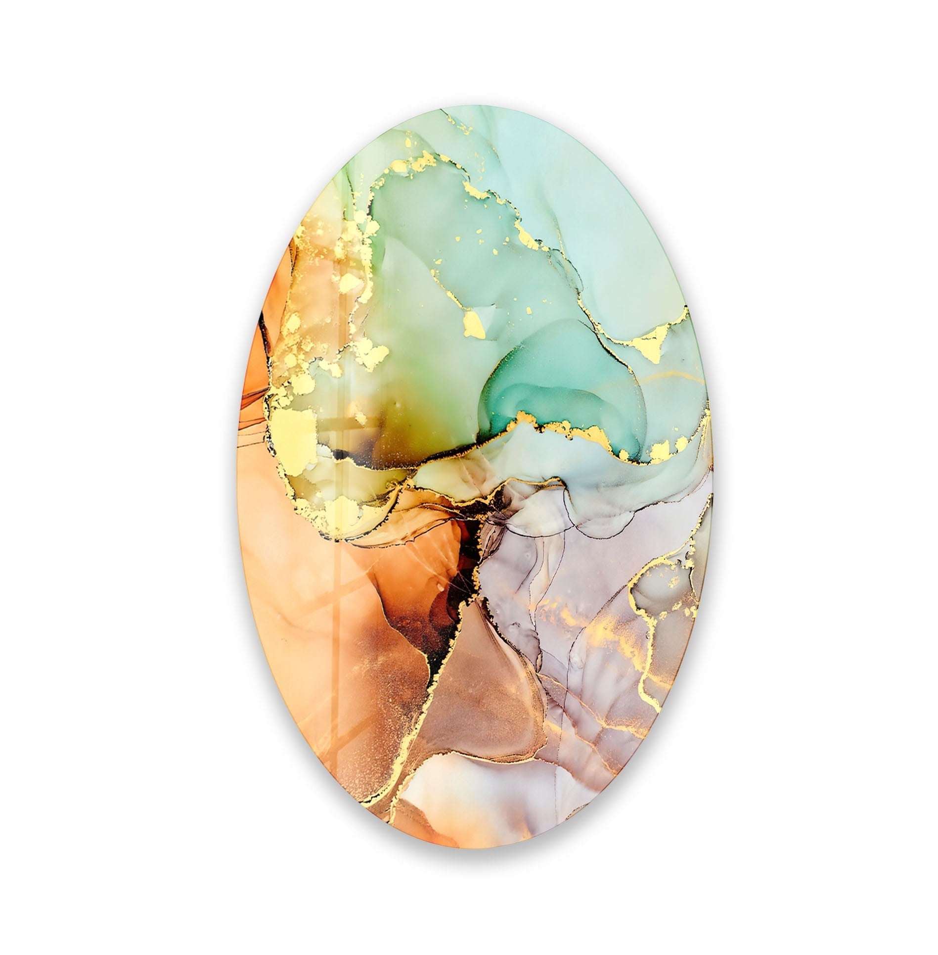 Abstract Golden Marble Glass Wall Art - Modern Asymmetric Oval Design for Living Room, Bedroom & Office Decor | Handmade Contemporary Home Wall Decor