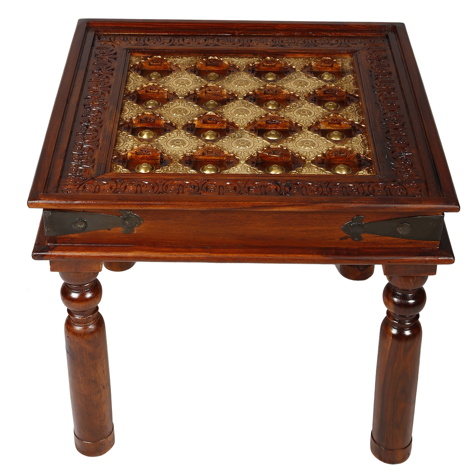 Antique Brass Embossed Solid Wood Indian Side Table - 60x40x75cm Brown - Perfect for Living Room, Bedroom & Office Decor