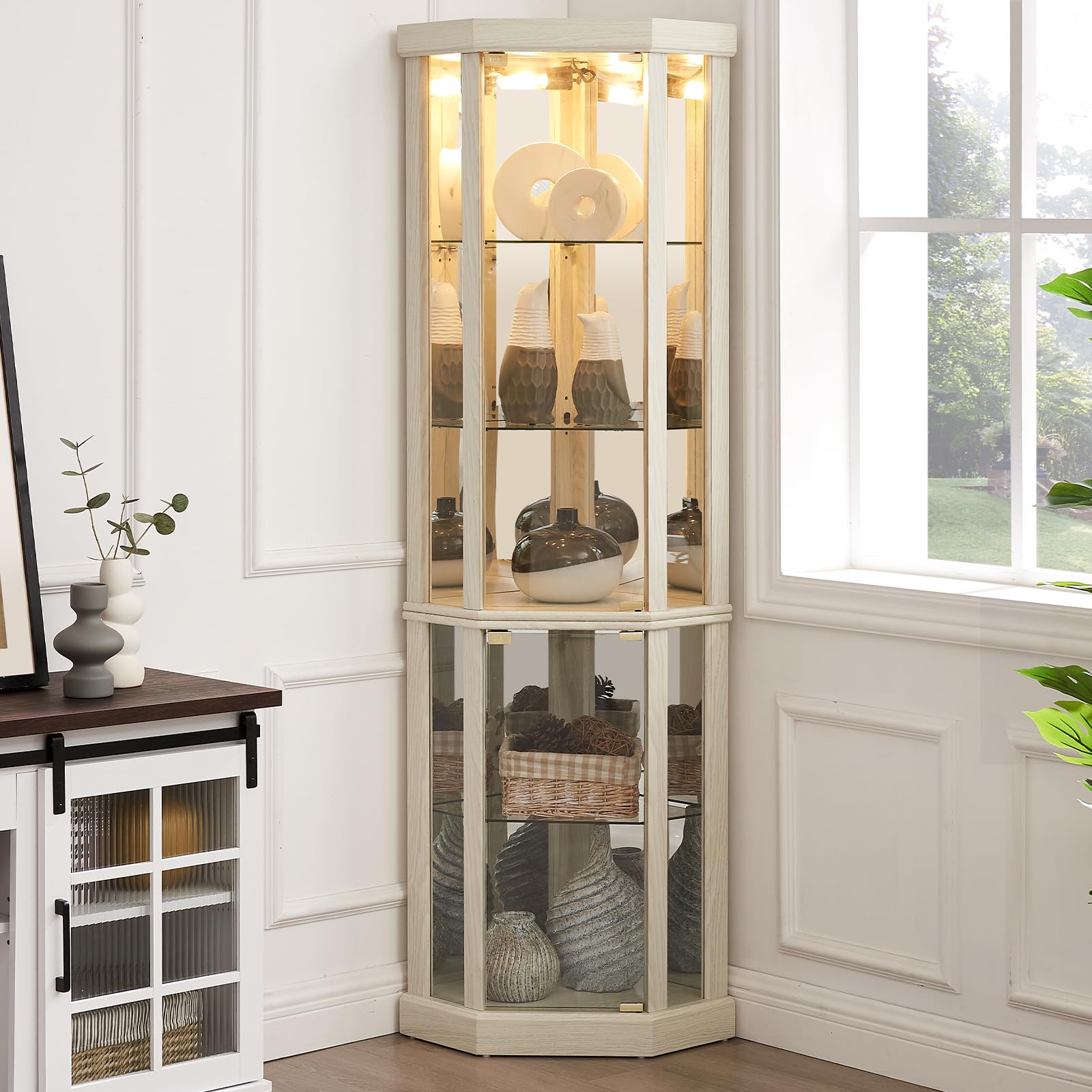 Tall Corner Curio Cabinet with Glass Doors & Adjustable Shelves - Lighted Display Cabinet for Home Office, Bar, or Liquor Storage - Antique White Finish | Perfect for Showcasing Collectibles, China, or Vintage Decor in Living Room or Dining Area