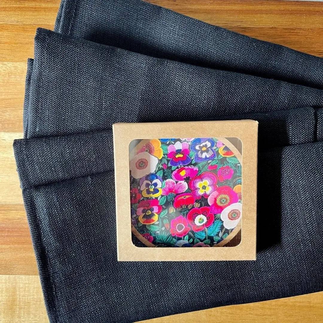 Pansies & Poppies Wooden Coasters Set with Napkins - 4-Piece Floral Coaster and Napkin Holder Set for Dining Table, Kitchen, Party Decor - Perfect for Home, Office, and Gift Giving