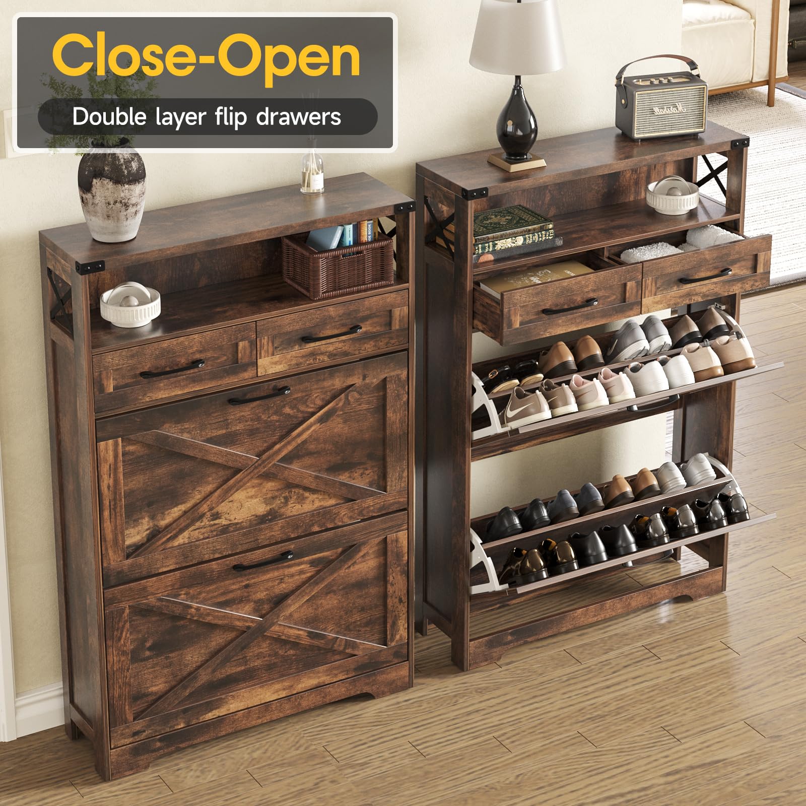 Farmhouse Shoe Storage Cabinet with 2 Flip Drawers & 2 Drawers - Rustic Brown Entryway Organizer for Shoes, Boots & Accessories | Perfect for Small Spaces, Hallway, Front Door & Apartment Entry Storage