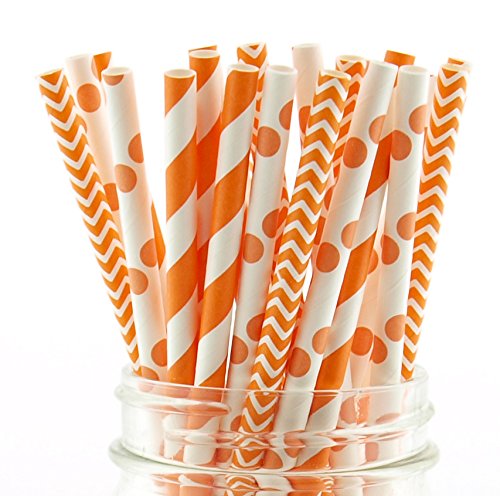 Autumn Fall Party Straws - 75 Pack Orange & White Paper Wedding Straws with Striped, Polka Dot & Zig Zag Designs for Mason Jar Party Supplies | Perfect for Halloween, Thanksgiving & Seasonal Celebrations