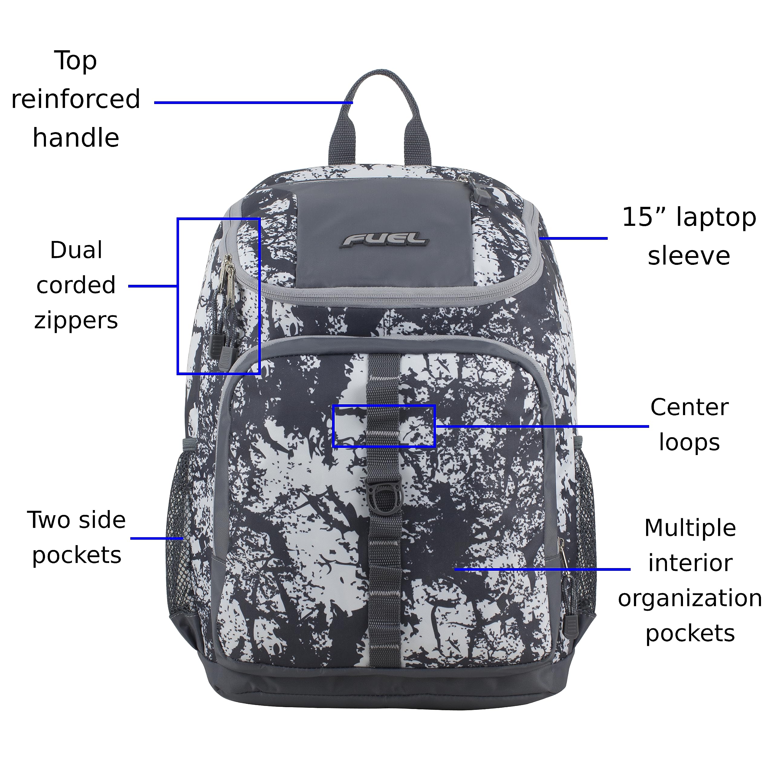 FUEL Wide Mouth Sports Backpack with Laptop Compartment - Waterproof Travel Backpack for Work, Gym, Hiking & Outdoor Adventures - Gray Flannel/Soft Silver - Perfect for Business Trips, College & Daily Commute