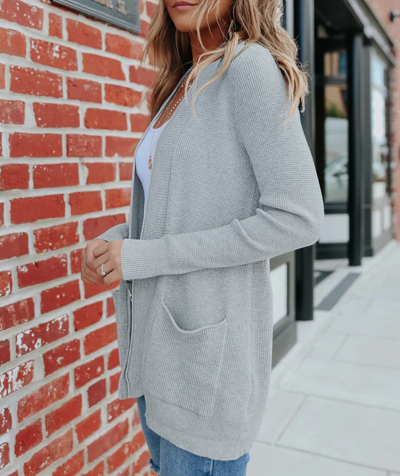 MEROKEETY Women's 2025 Fall Open Front Waffle Knit Cardigan - Long Sleeve Cozy Knit Sweater with Pockets - Perfect for Autumn Layering, Office Wear & Casual Outfits