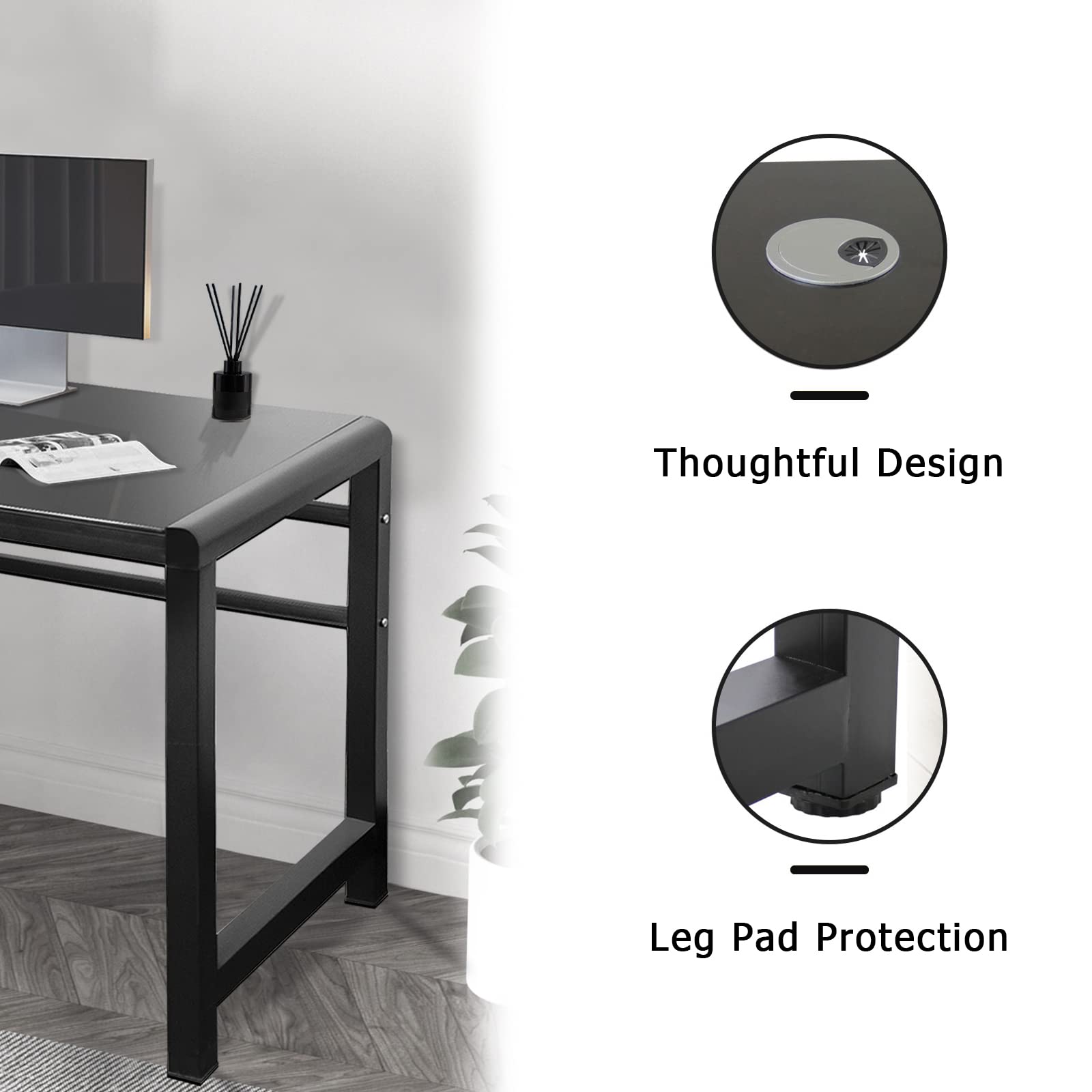Professional MASAKA Black & White Writing Desk with Tempered Glass Top - 47.25 Inch Modern Study Computer Desk for Home Office, Stable Workstation with Black Metal Frame | Perfect for Remote Work, Online Classes & Creative Workspaces