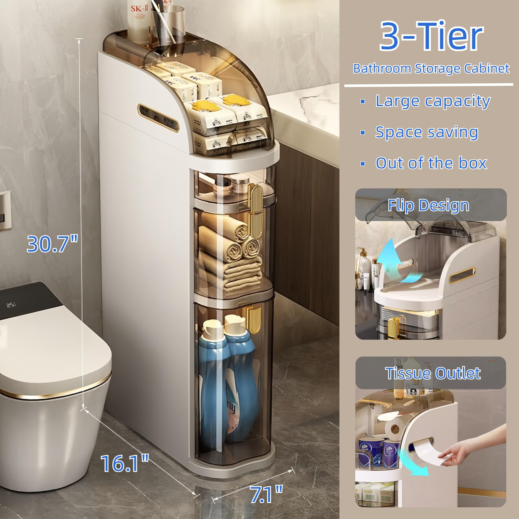 3-Tier Slim Bathroom Storage Cabinet - Narrow Waterproof Bathroom Organizer for Small Spaces | Space-Saving Bathroom Shelf for Toiletries, Towels & Cosmetics