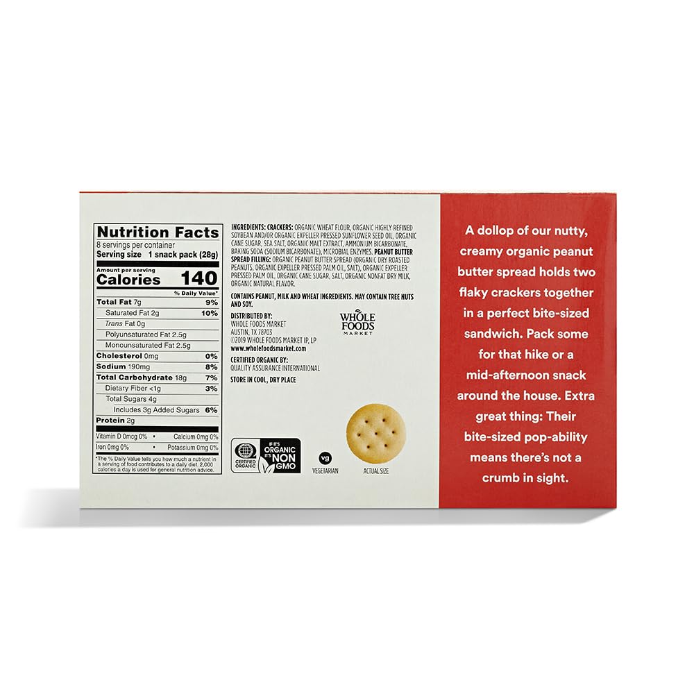 365 by Whole Foods Market Organic Mini Peanut Butter Sandwich Crackers - 8 Pack (1oz Each) | Gluten-Free Snacks for Kids Lunch, Office & Travel | Healthy On-The-Go Treats