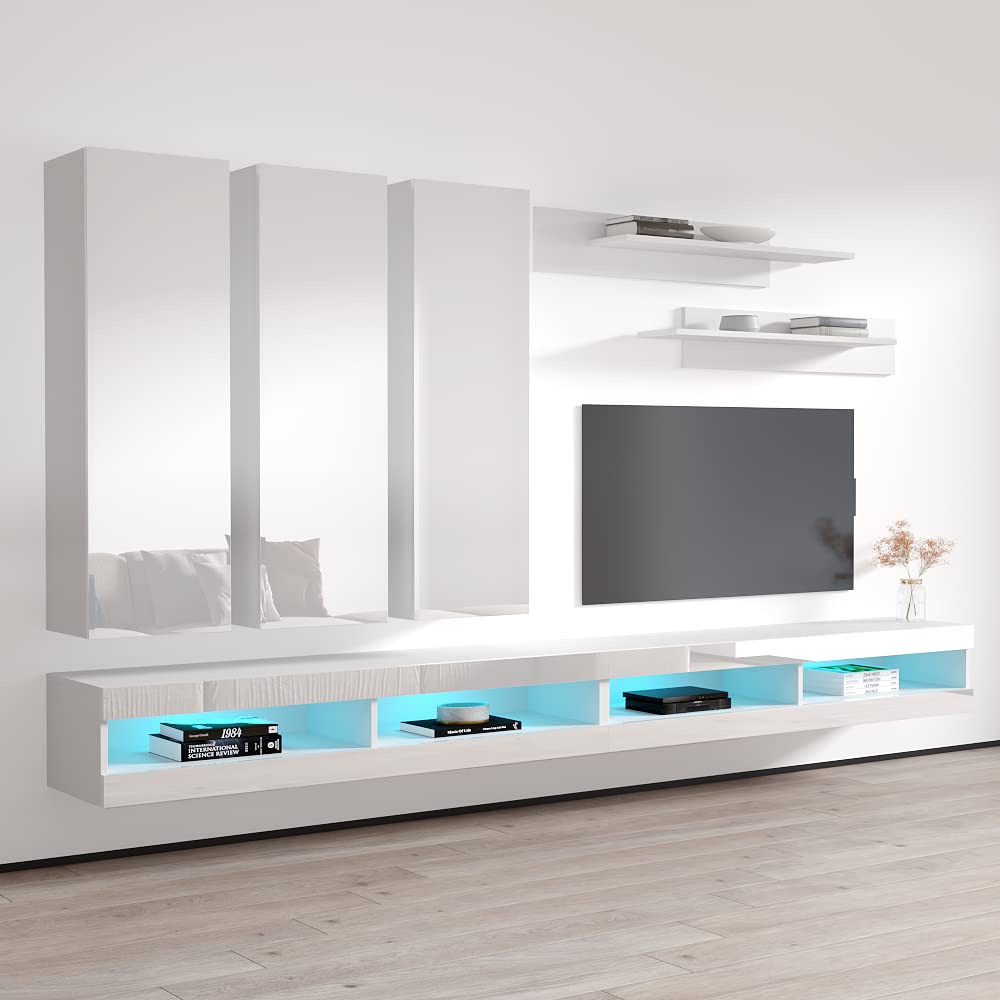 Modern White Floating TV Stand with Storage & LED Lights - Wall-Mounted Entertainment Center for Bedroom & Living Room - E1 34