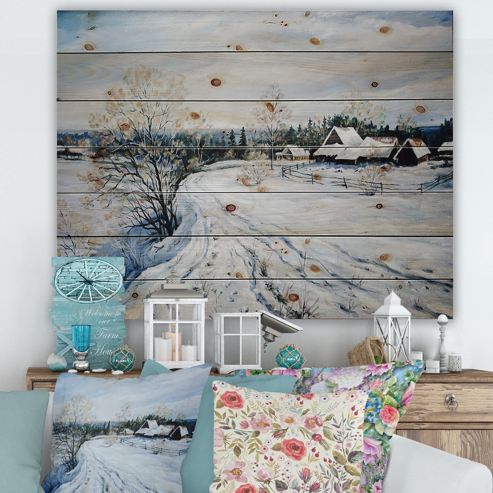 Country Road in Winter II - Traditional Wood Wall Art Decor, Large Landscape Pine Wood Panel Print, White Wooden Wall Hanging for Living Room, Bedroom & Office