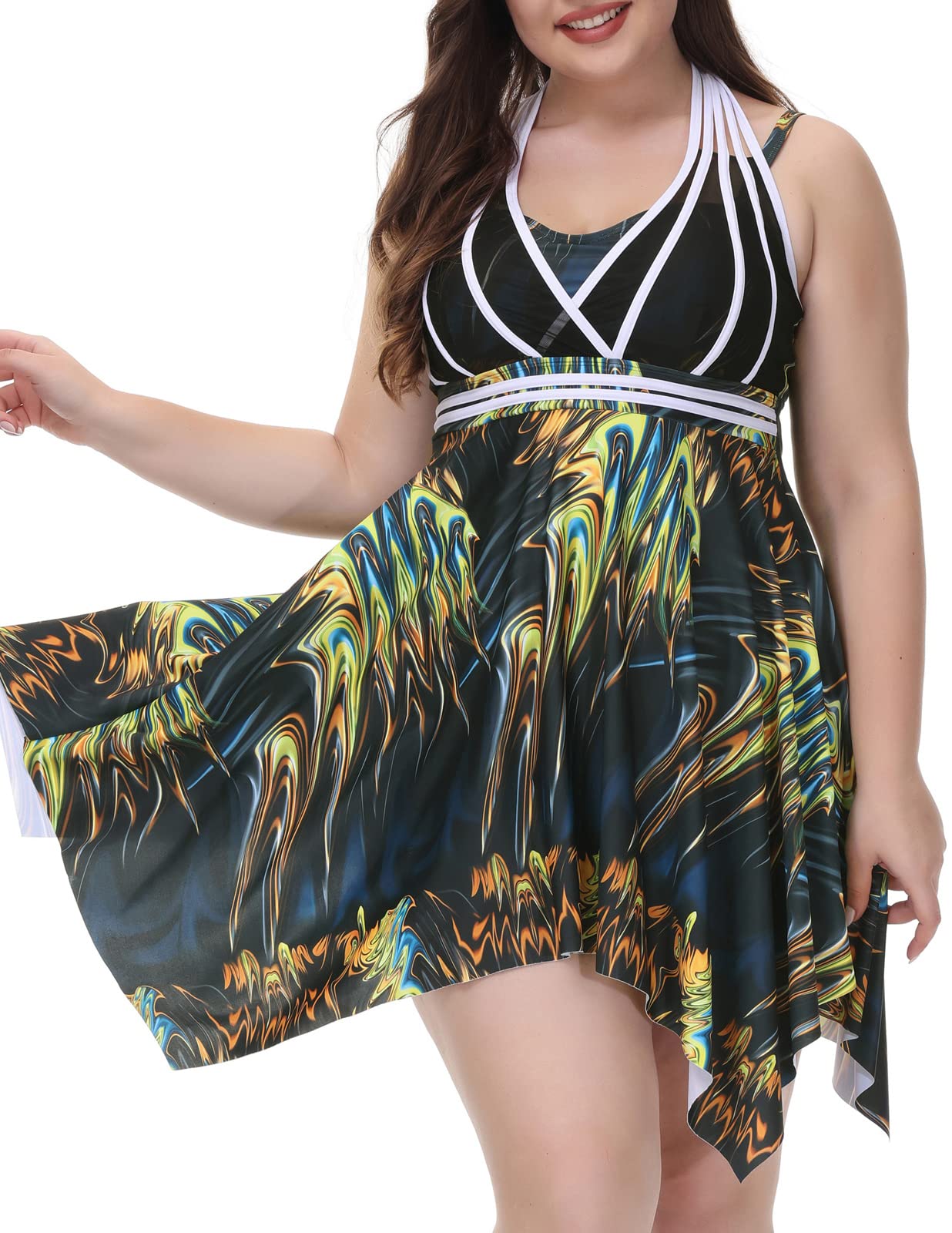 Hanna Nikole Women's Plus Size Halter Swimdress Two Piece Tankini Swimwear - Flattering Beachwear for Pool, Vacation & Summer Activities