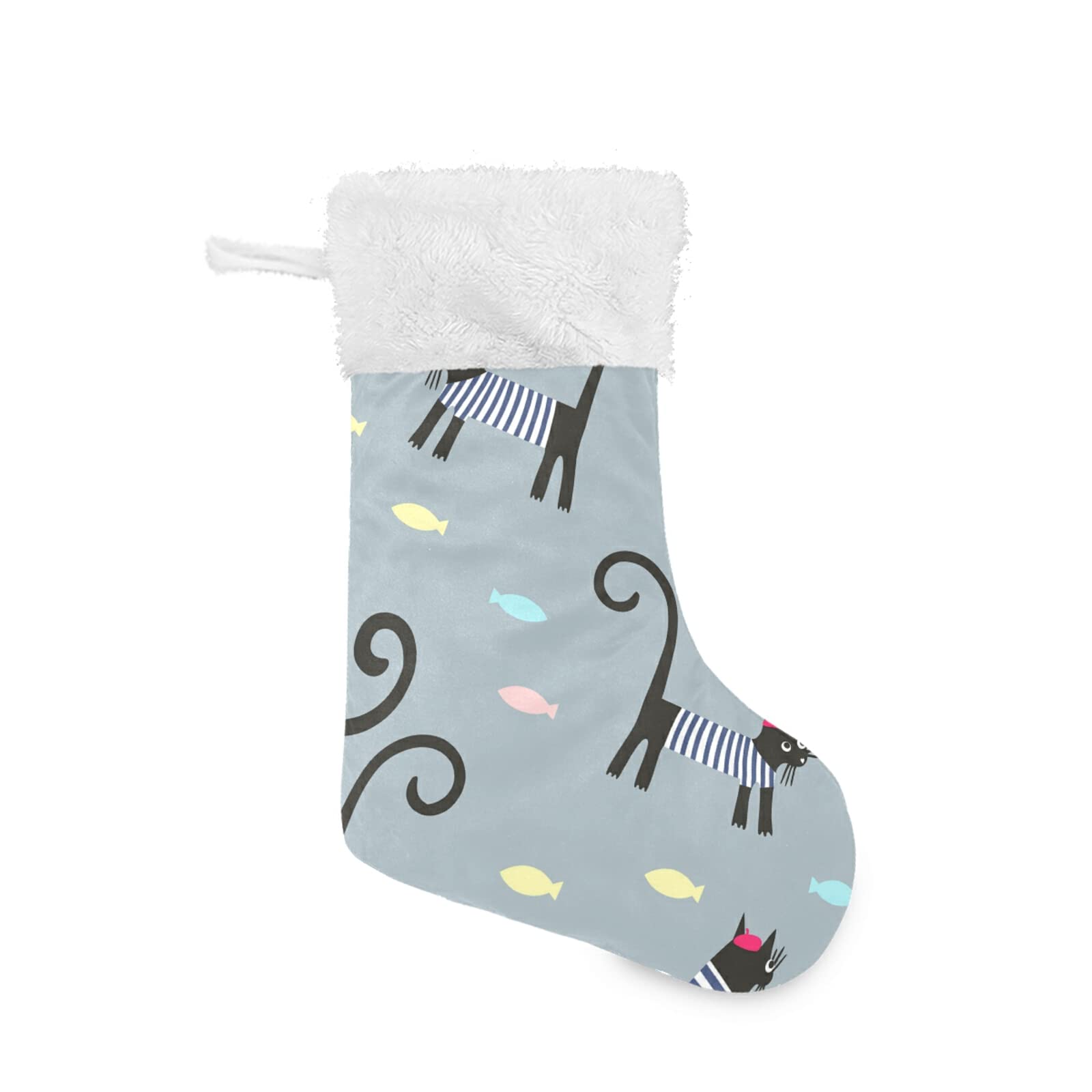 Black Cat Striped Christmas Stockings with Fish Design - Set of 2 Large 18