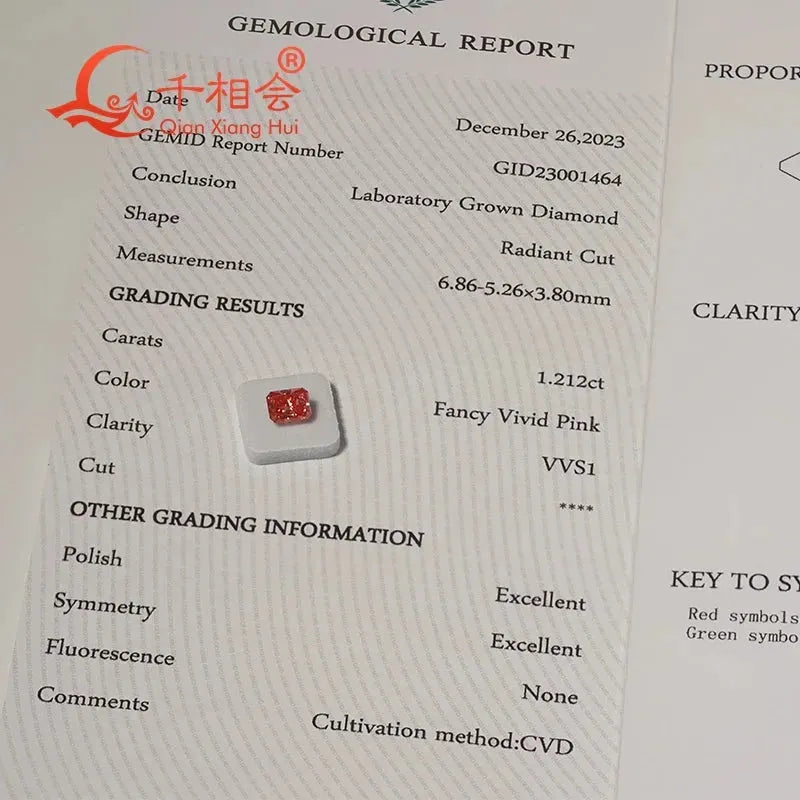 1.2ct Lab Grown CVD Diamond - Fancy Vivid Pink, VVS1 Clarity, Radiant Shape, GEMID Certified Loose Stone for Engagement Rings & Fine Jewelry
