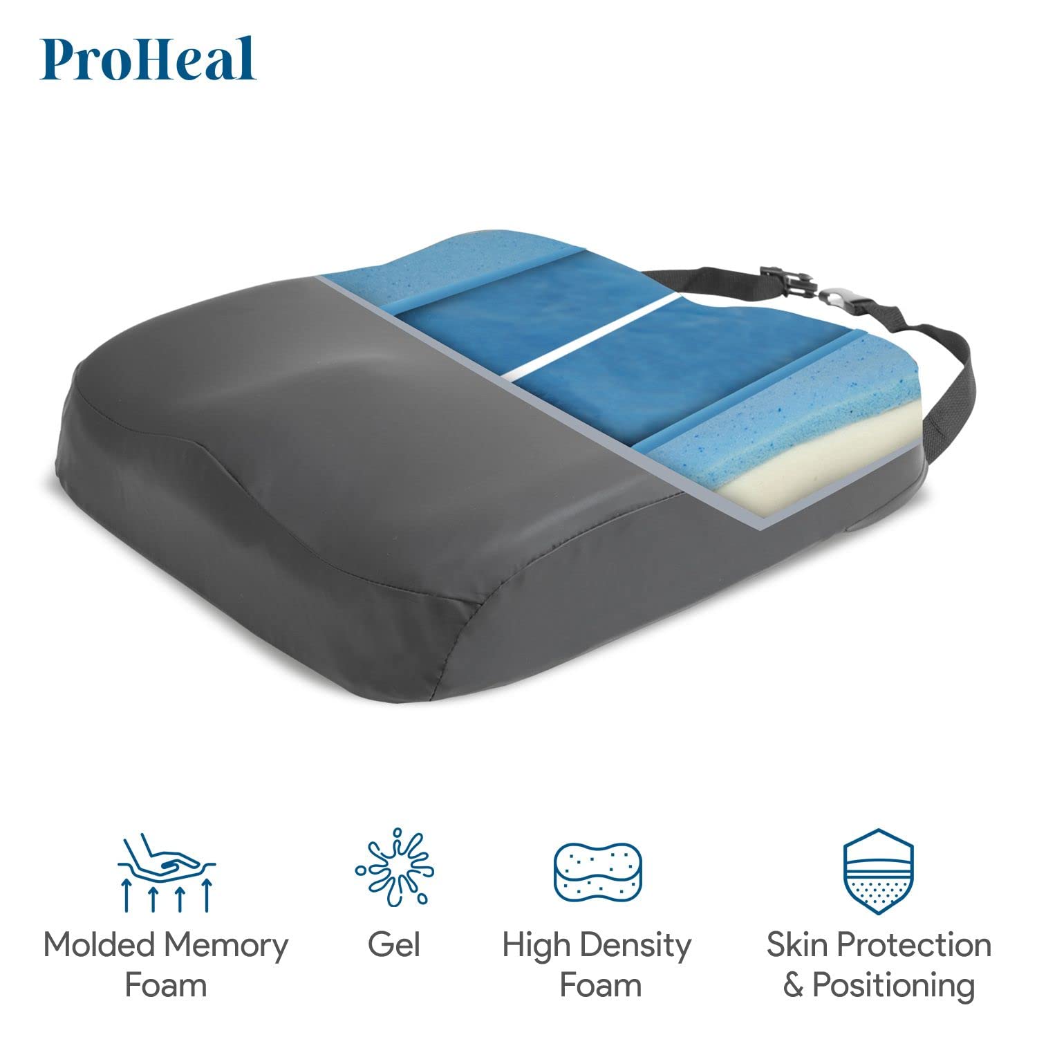 ProHeal Gel-Infused Memory Foam Wheelchair Cushion - Orthopedic Coccyx & Tailbone Support - 18