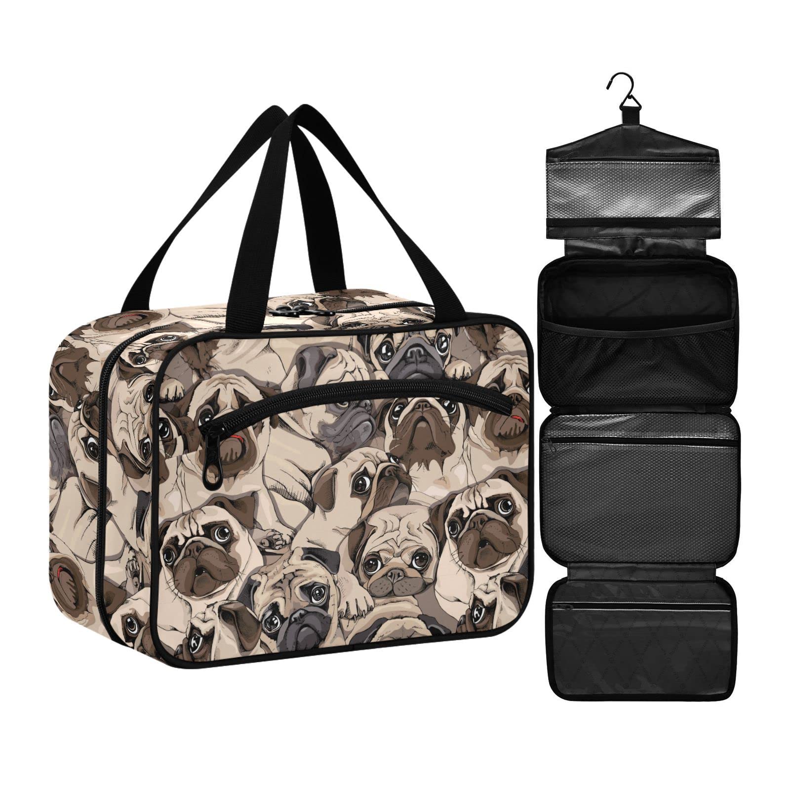 ZZKKO Cute Pug Toiletry Bag for Women - Travel Makeup Organizer with Hook for Accessories & Cosmetics - Perfect for Vacation & Gym