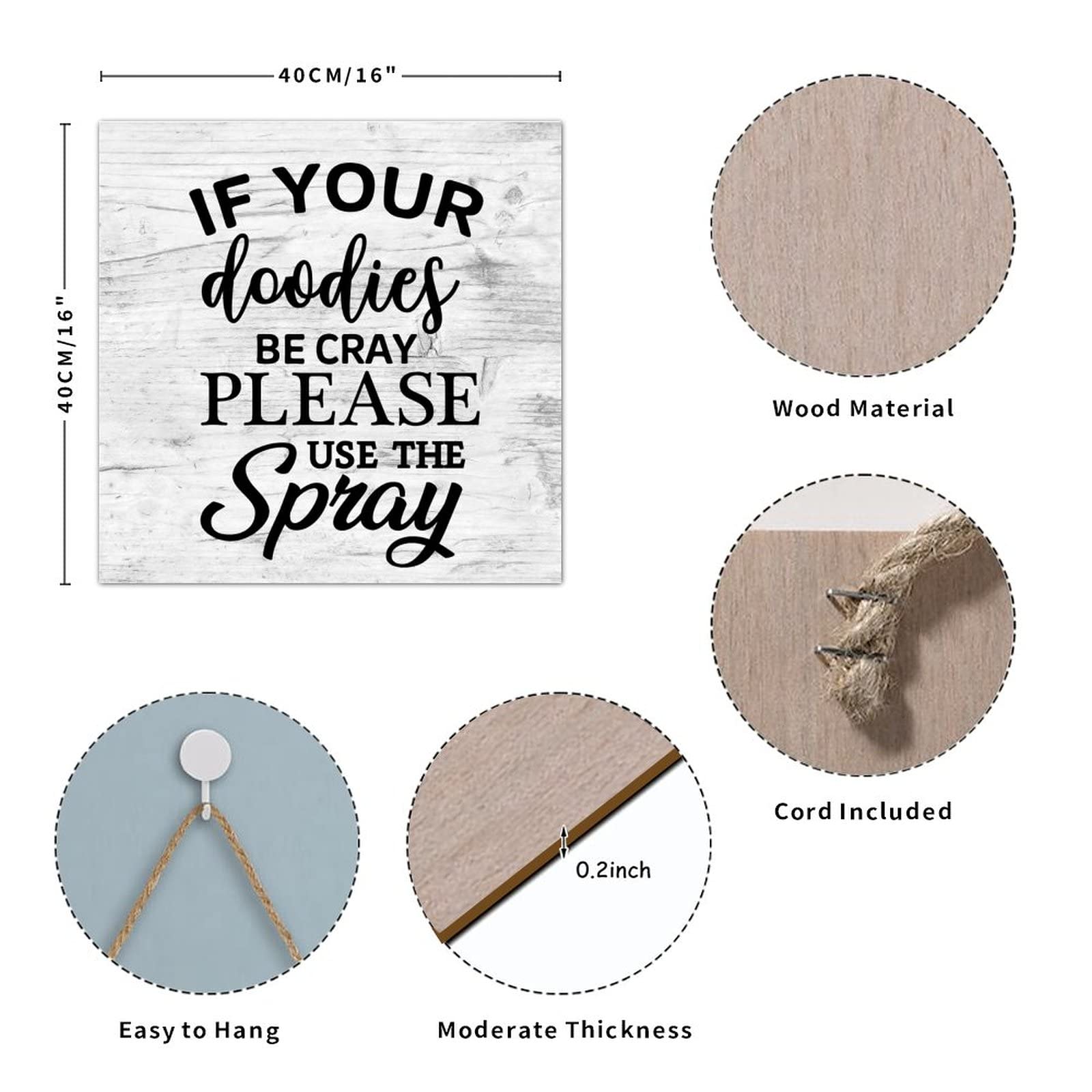 Farmhouse Bathroom Sign Plaque - Funny Wooden Wall Decor with 'If Your Doodies Be Cray Please Use The Spray' Quote - Rustic Toilet Wall Hanging for Bathroom Decor - Perfect for Powder Rooms, Guest Baths & Farmhouse Style Homes