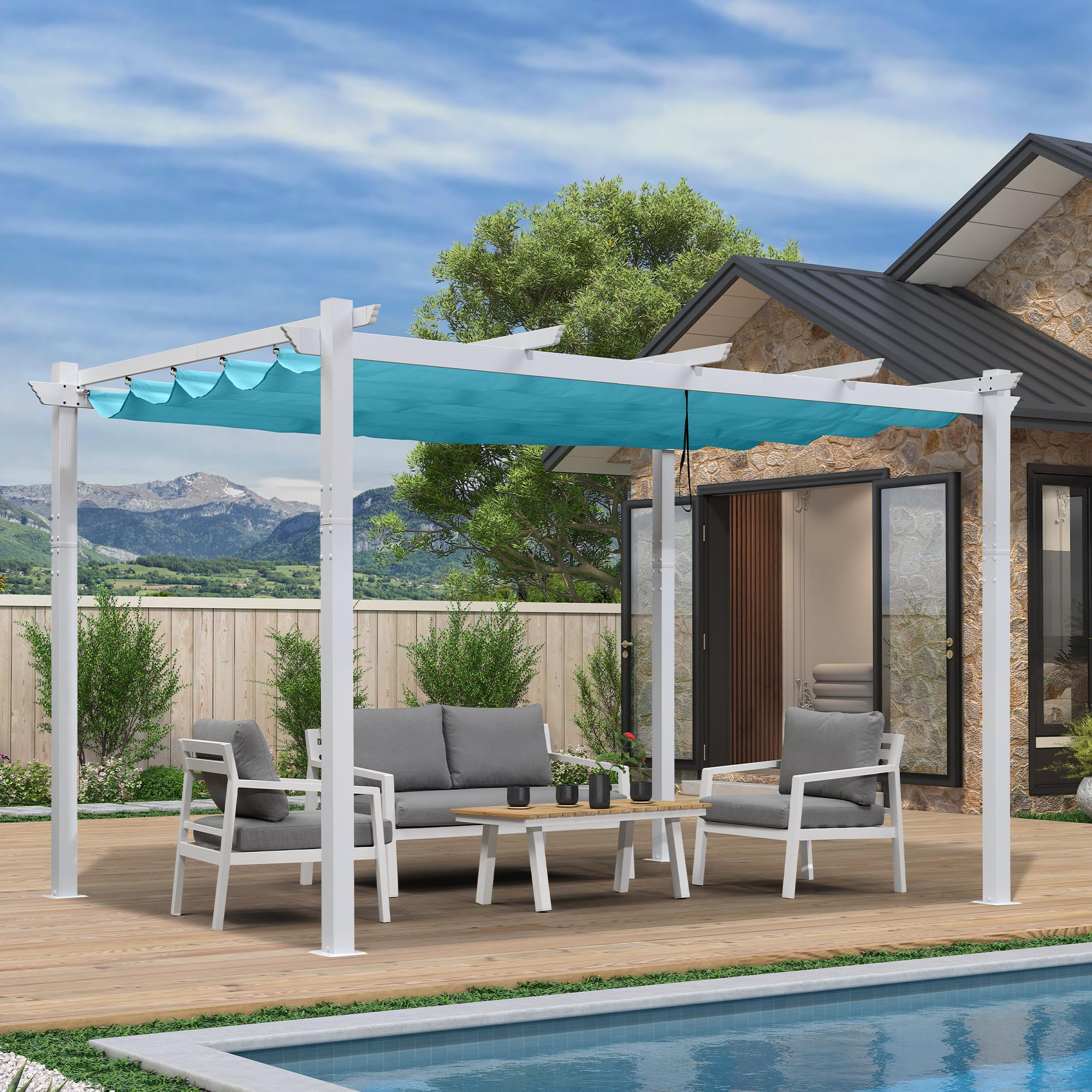 PURPLE LEAF 10' X 13' Retractable Pergola with Sun Shade Canopy - White Outdoor Metal Gazebo for Patio, Garden, Porch, Yard, BBQ & Beach - Perfect for Shade, Grape Trellis & Outdoor Relaxation (Turquoise Blue)