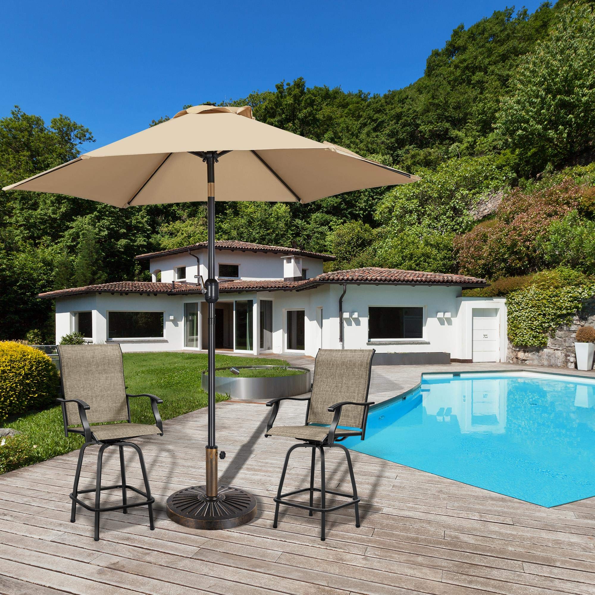 Yaheetech 7.5FT Heavy Duty Outdoor Patio Umbrella with 30lb Weighted Base - Push Button Tilt & Crank Lift, Sturdy Steel Ribs, Market Umbrella for Garden, Poolside, Restaurant, Backyard (Tan)