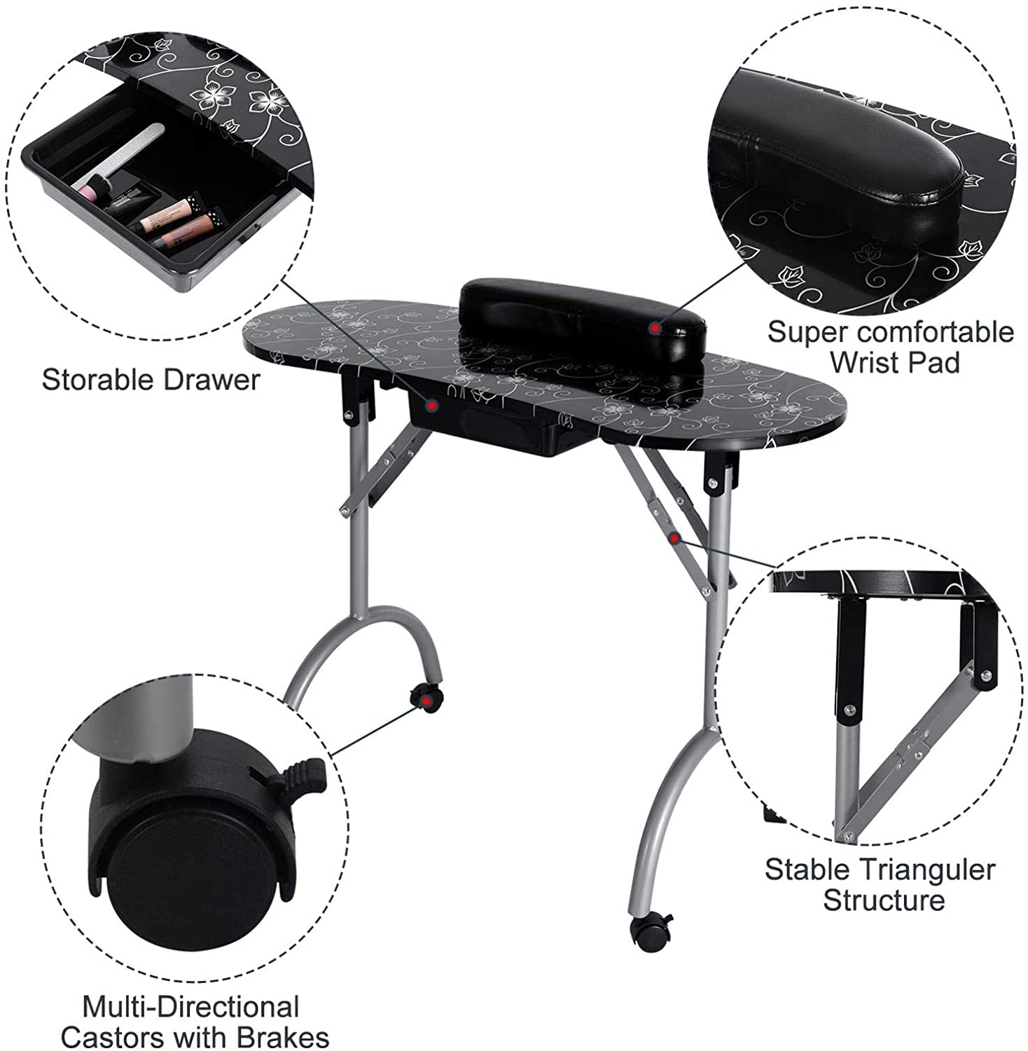 Portable Folding Nail Tech Station with Wheels - Adjustable Manicure Table for Home Spa & Salon, Includes Wrist Cushion, Storage Drawer & Carry Bag - Perfect for Mobile Nail Technicians & Beauty Professionals On-The-Go