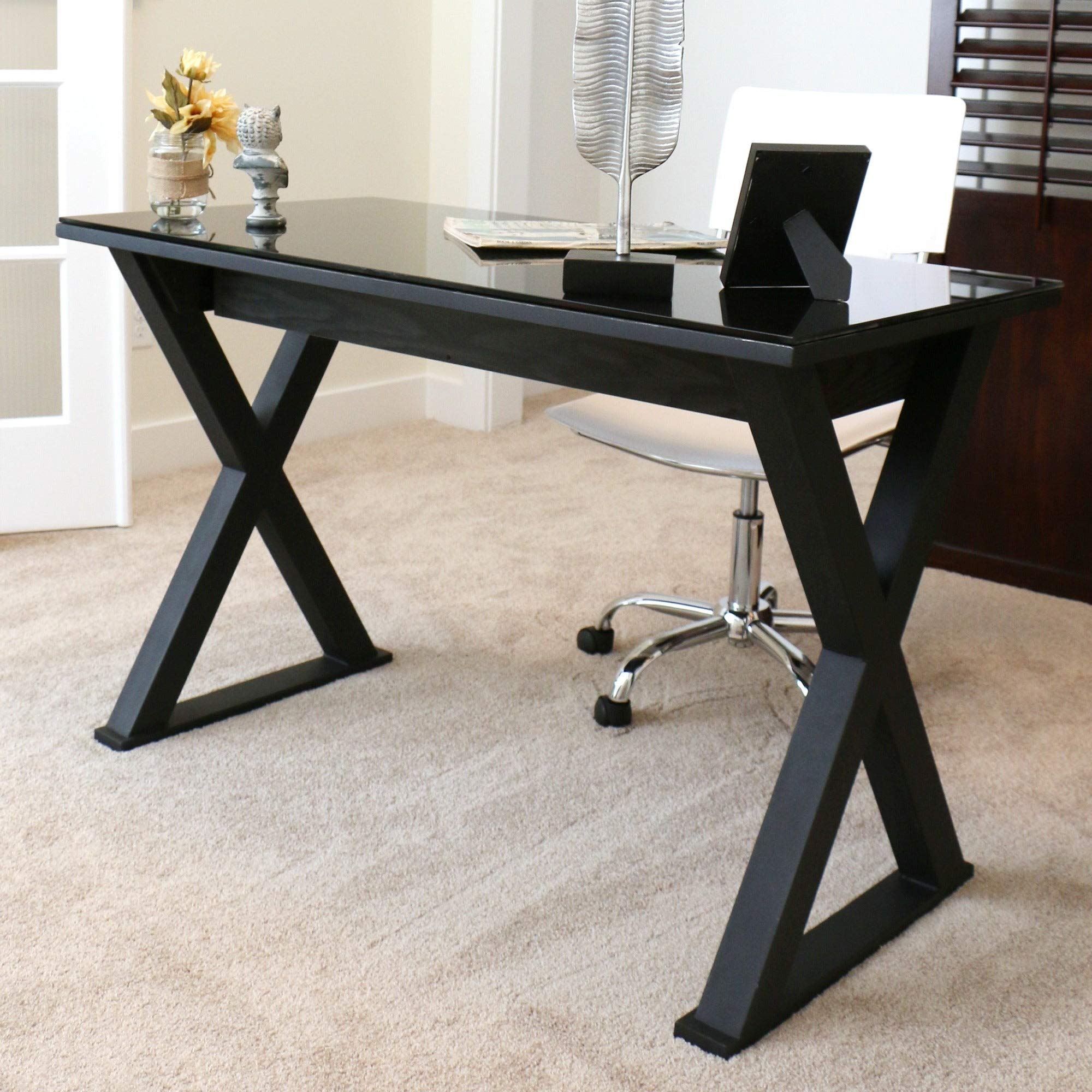 Modern Black Glass Computer Desk with MDF Drawers - Contemporary Home Office & Gaming Desk for Small Spaces