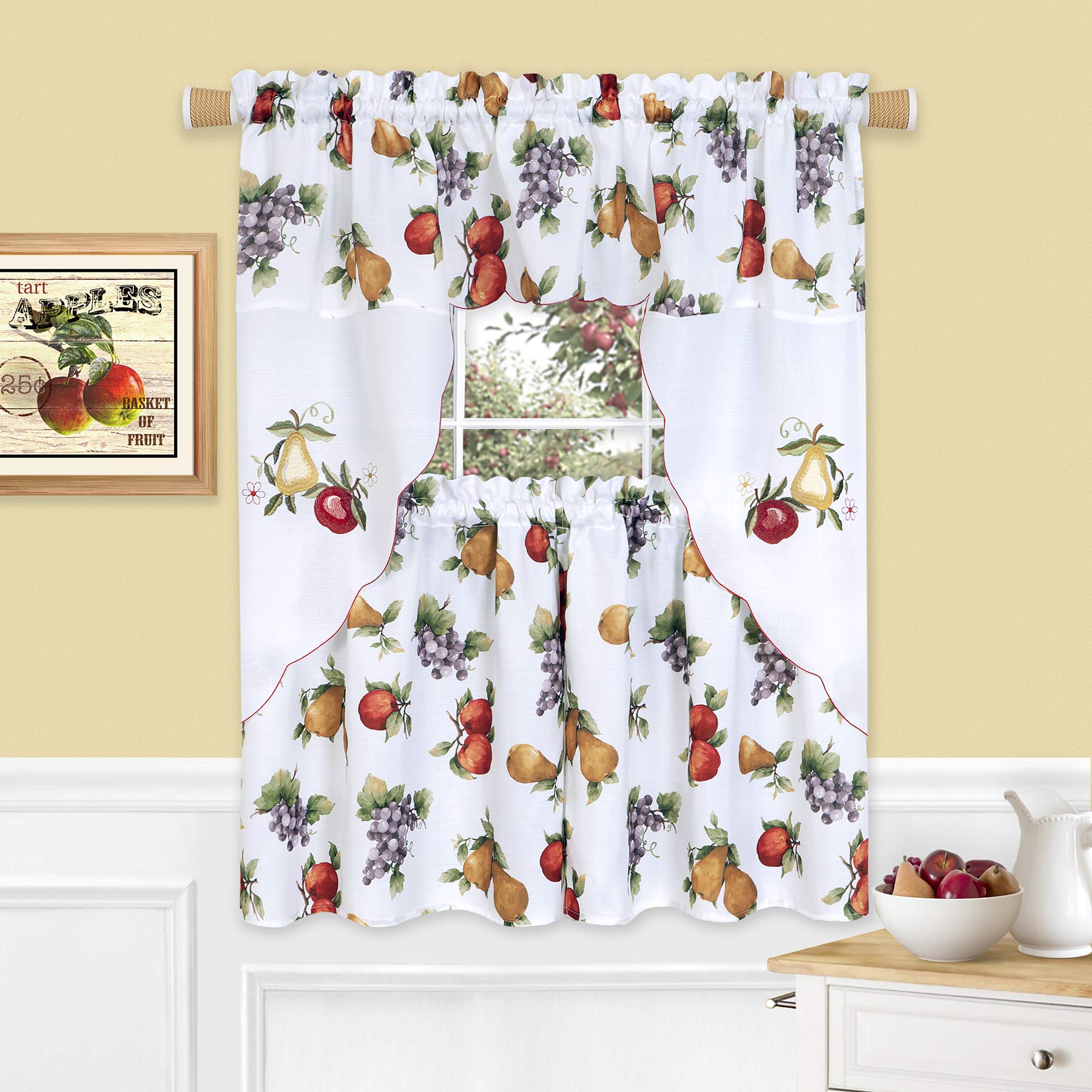 PowerSellerUSA Floral Butterflies Tier Panels & Swag Curtains Set - 3-Piece Window Treatment with Valance for Kitchen, Living Room, or Cafe - Small Window Curtains 58