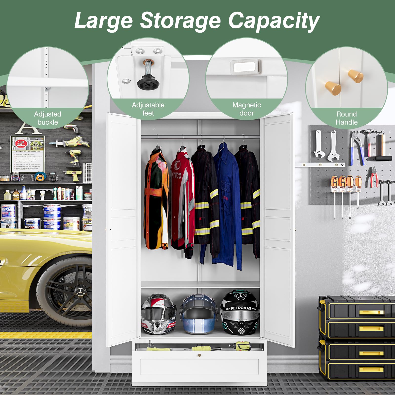 White Metal Wardrobe Closet Cabinet with Drawers, Doors & Shelves - Storage Armoire for Bedroom, Laundry Room, Home Office & Bathroom Organization | Space-Saving Closet Solution for Small Spaces & Apartment Living